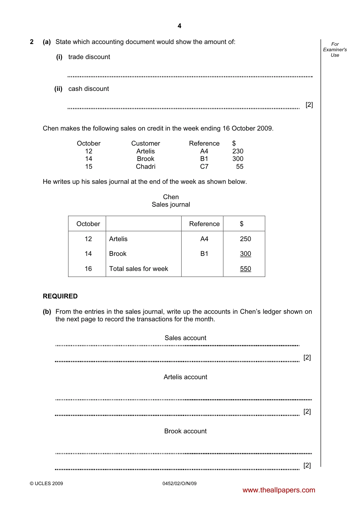Cambridge IGCSE Accounting 0452 2009 Oct/Nov Paper 2 · Variant 1 question paper, page 4 of 16