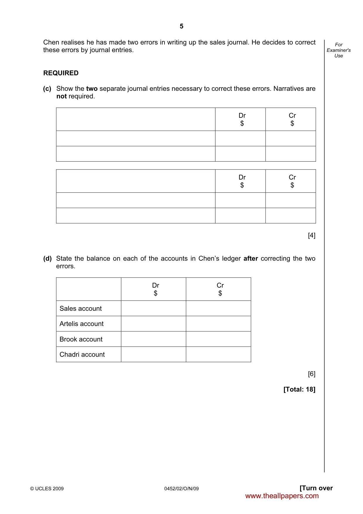Cambridge IGCSE Accounting 0452 2009 Oct/Nov Paper 2 · Variant 1 question paper, page 5 of 16