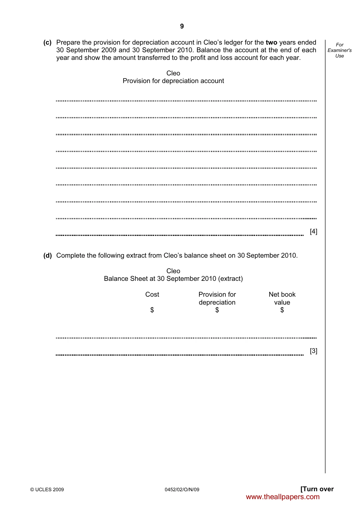 Cambridge IGCSE Accounting 0452 2009 Oct/Nov Paper 2 · Variant 1 question paper, page 9 of 16