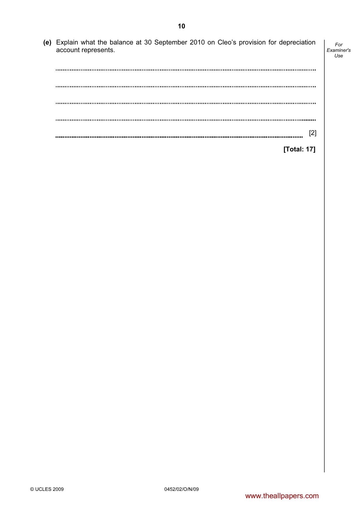 Cambridge IGCSE Accounting 0452 2009 Oct/Nov Paper 2 · Variant 1 question paper, page 10 of 16