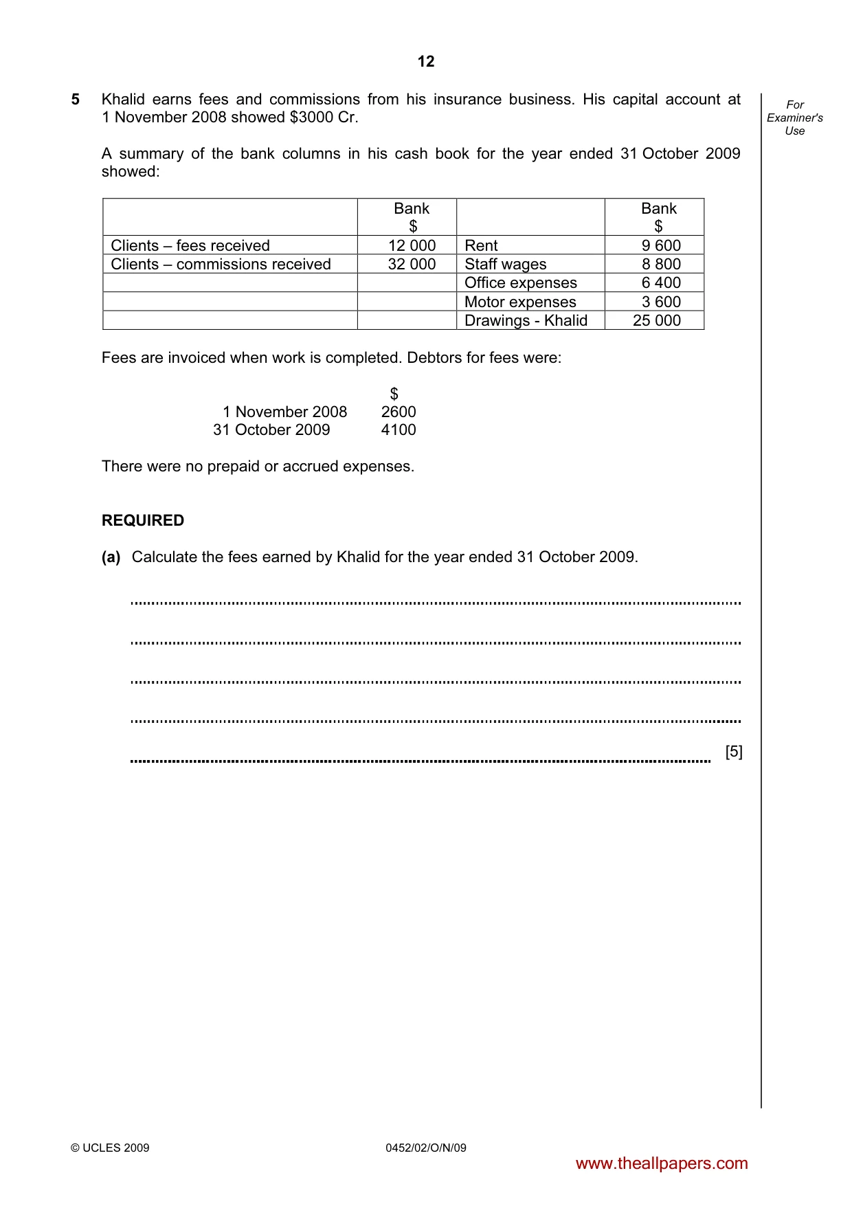 Cambridge IGCSE Accounting 0452 2009 Oct/Nov Paper 2 · Variant 1 question paper, page 12 of 16