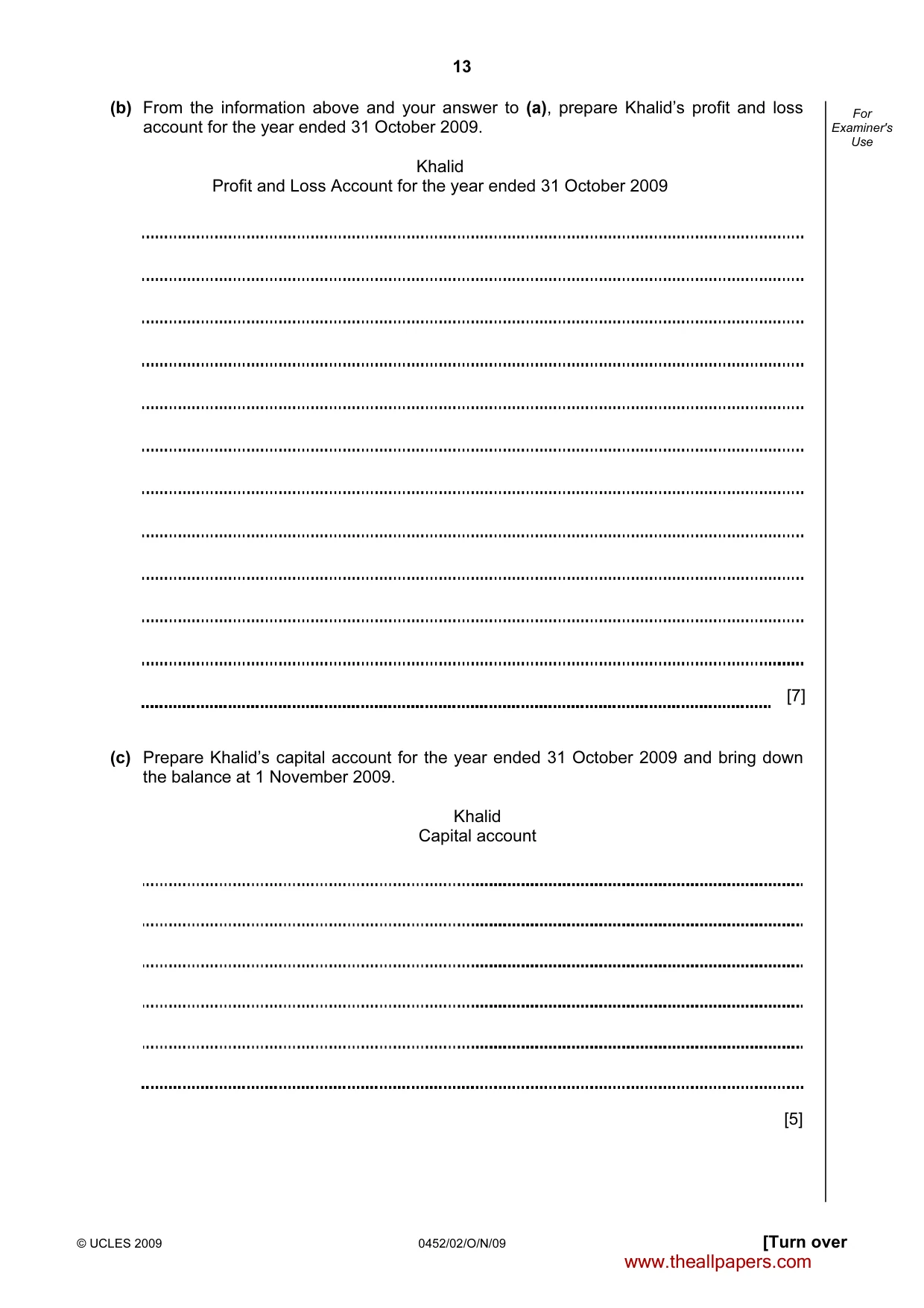 Cambridge IGCSE Accounting 0452 2009 Oct/Nov Paper 2 · Variant 1 question paper, page 13 of 16