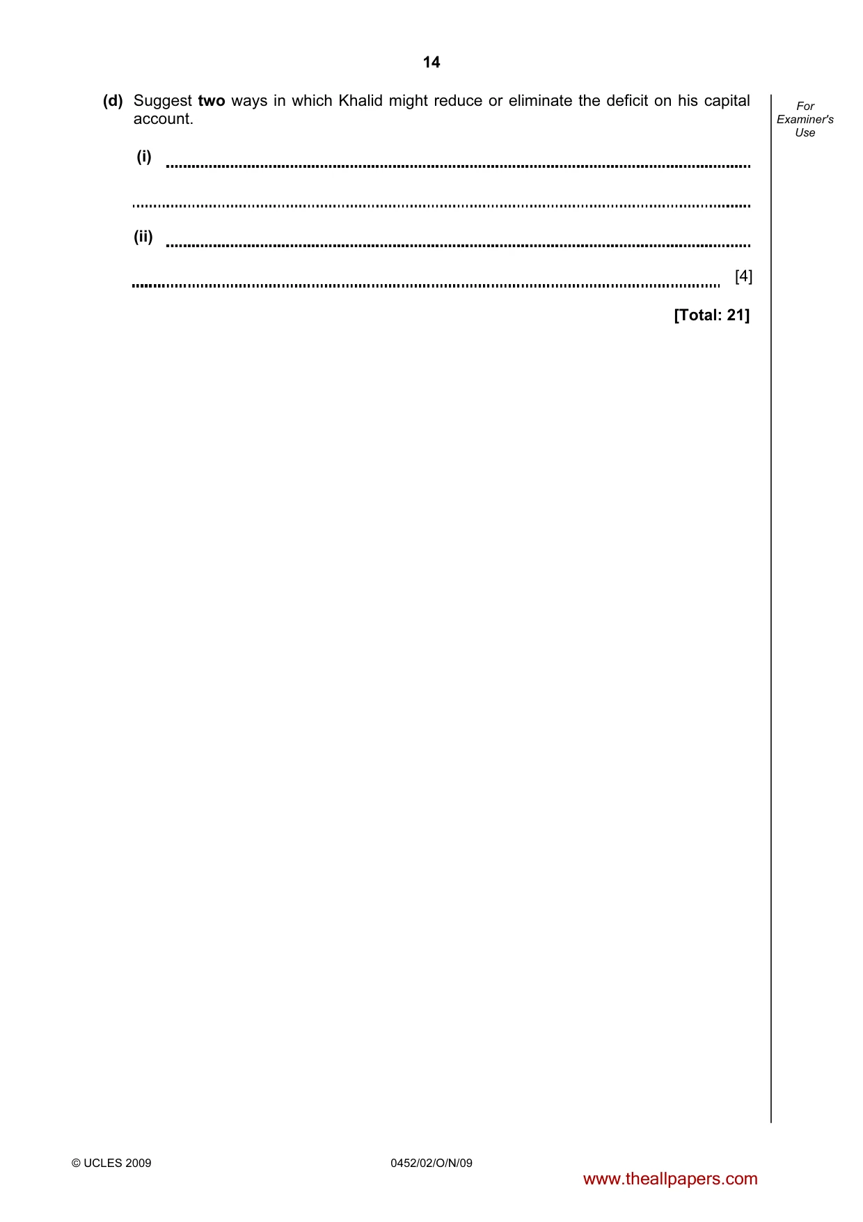 Cambridge IGCSE Accounting 0452 2009 Oct/Nov Paper 2 · Variant 1 question paper, page 14 of 16