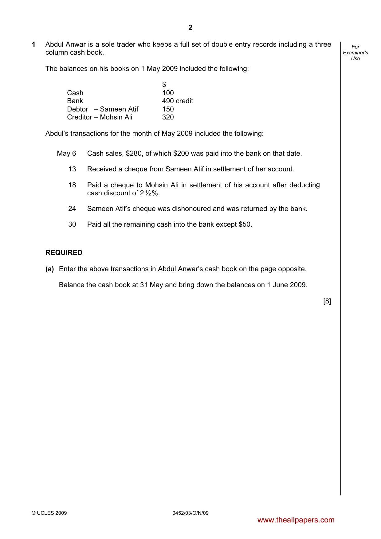 Cambridge IGCSE Accounting 0452 2009 Oct/Nov Paper 3 · Variant 1 question paper, page 2 of 20