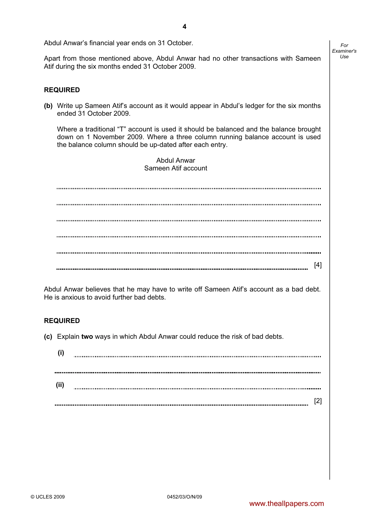 Cambridge IGCSE Accounting 0452 2009 Oct/Nov Paper 3 · Variant 1 question paper, page 4 of 20