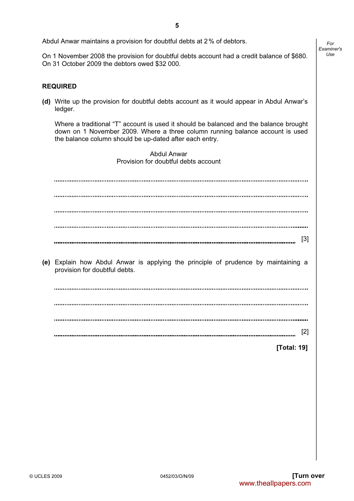 Cambridge IGCSE Accounting 0452 2009 Oct/Nov Paper 3 · Variant 1 question paper, page 5 of 20