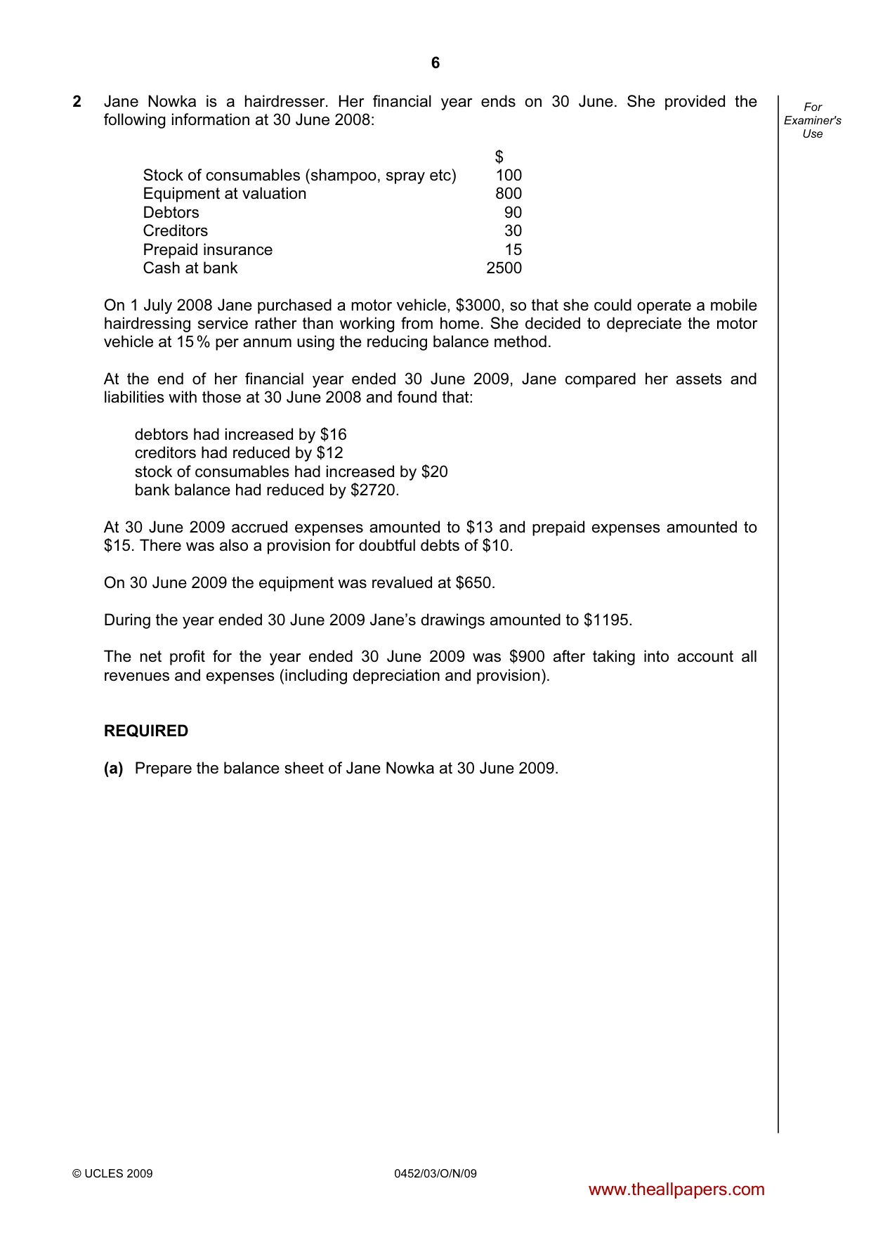Cambridge IGCSE Accounting 0452 2009 Oct/Nov Paper 3 · Variant 1 question paper, page 6 of 20