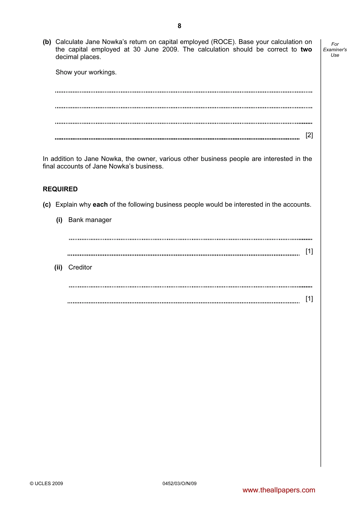 Cambridge IGCSE Accounting 0452 2009 Oct/Nov Paper 3 · Variant 1 question paper, page 8 of 20