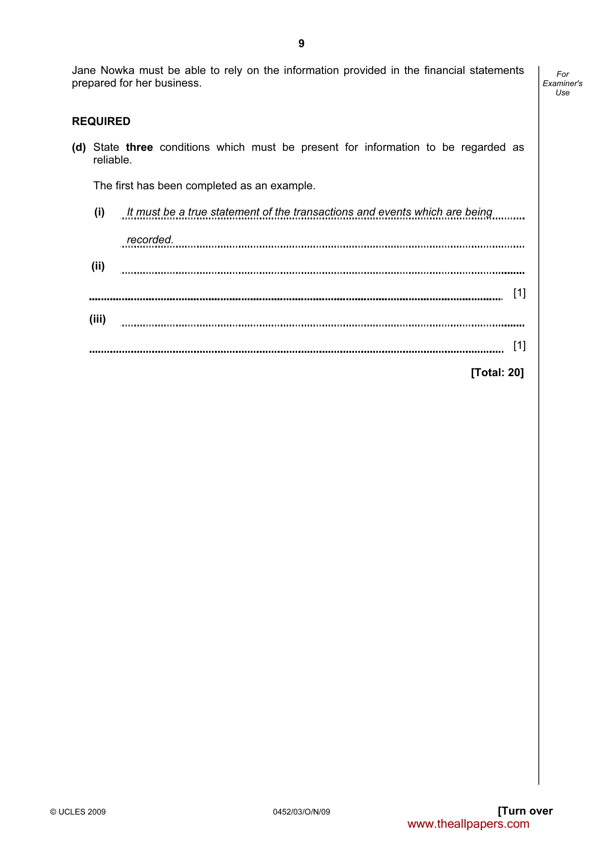 Cambridge IGCSE Accounting 0452 2009 Oct/Nov Paper 3 · Variant 1 question paper, page 9 of 20