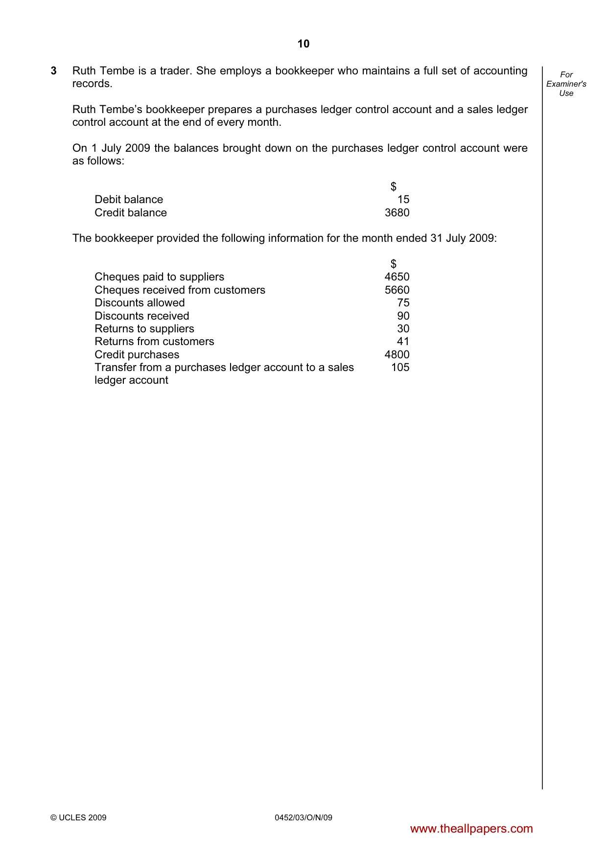 Cambridge IGCSE Accounting 0452 2009 Oct/Nov Paper 3 · Variant 1 question paper, page 10 of 20
