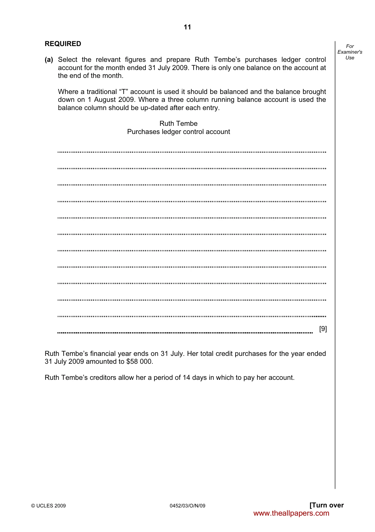Cambridge IGCSE Accounting 0452 2009 Oct/Nov Paper 3 · Variant 1 question paper, page 11 of 20