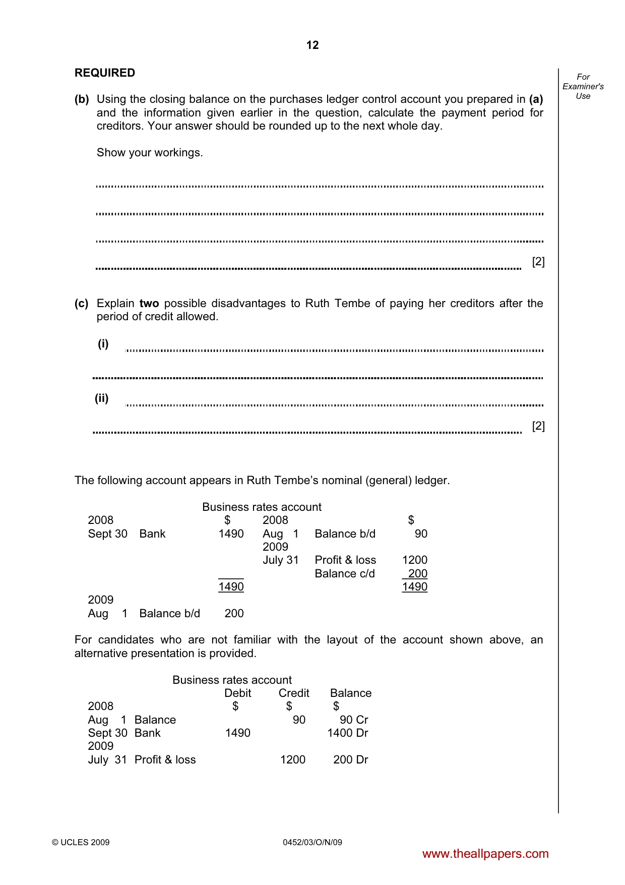 Cambridge IGCSE Accounting 0452 2009 Oct/Nov Paper 3 · Variant 1 question paper, page 12 of 20