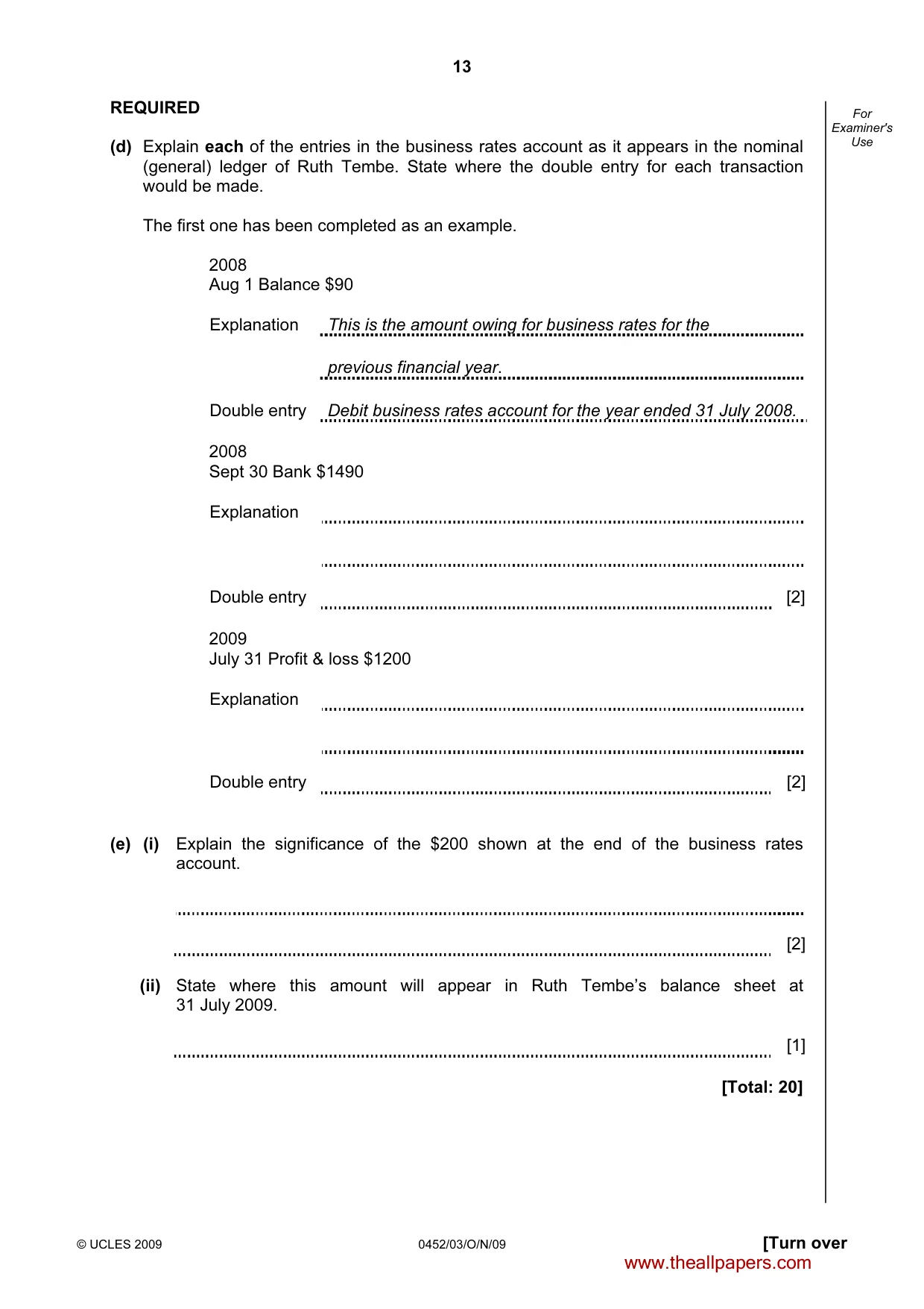Cambridge IGCSE Accounting 0452 2009 Oct/Nov Paper 3 · Variant 1 question paper, page 13 of 20