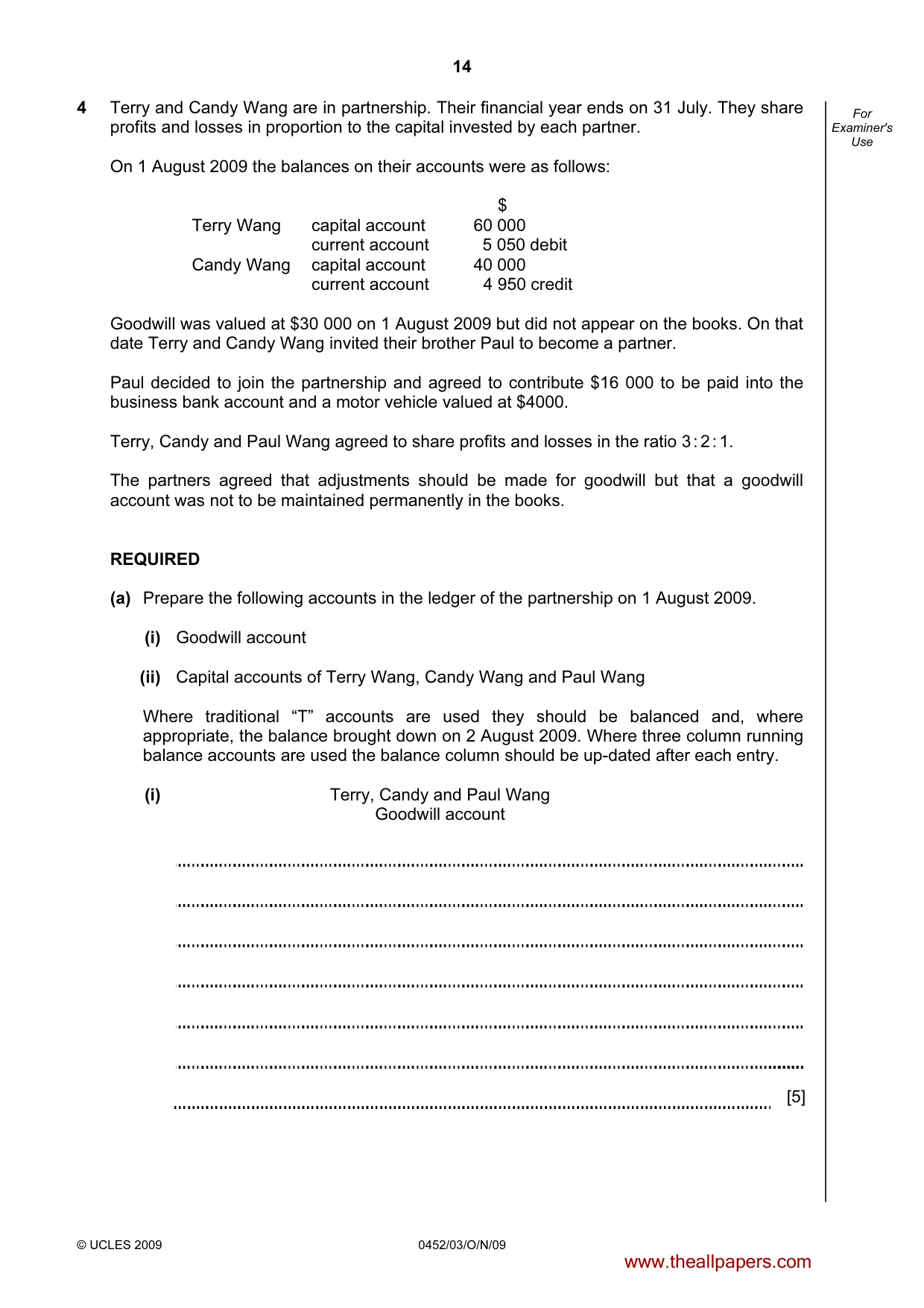 Cambridge IGCSE Accounting 0452 2009 Oct/Nov Paper 3 · Variant 1 question paper, page 14 of 20