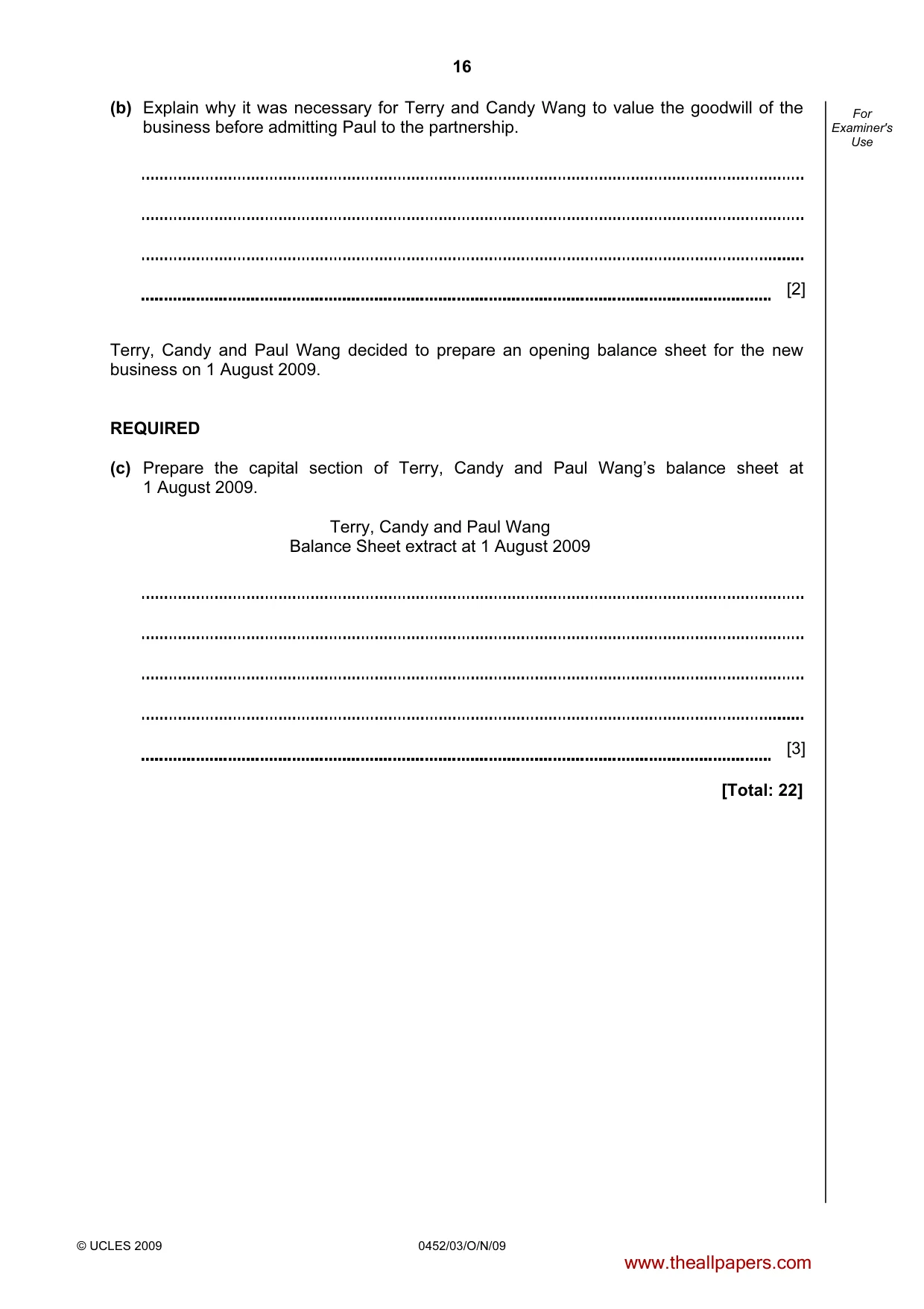 Cambridge IGCSE Accounting 0452 2009 Oct/Nov Paper 3 · Variant 1 question paper, page 16 of 20