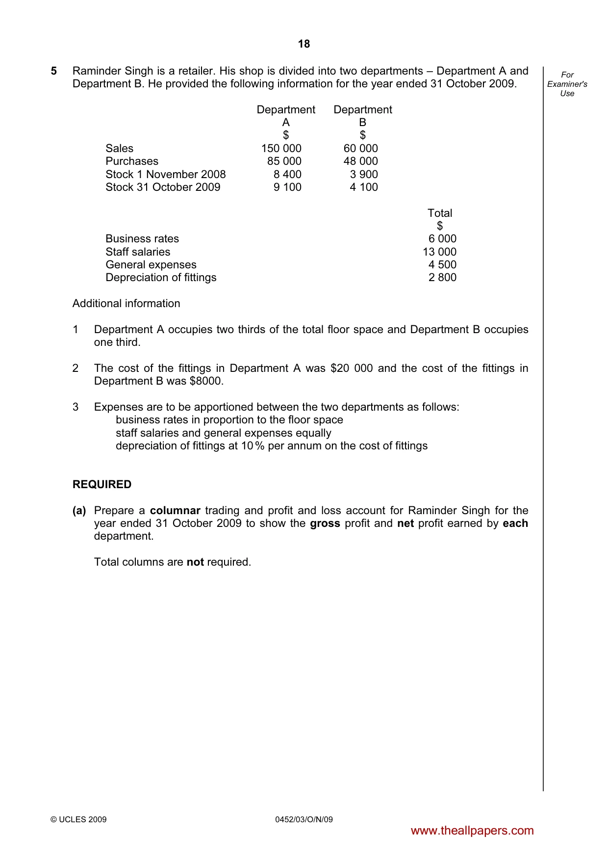 Cambridge IGCSE Accounting 0452 2009 Oct/Nov Paper 3 · Variant 1 question paper, page 18 of 20