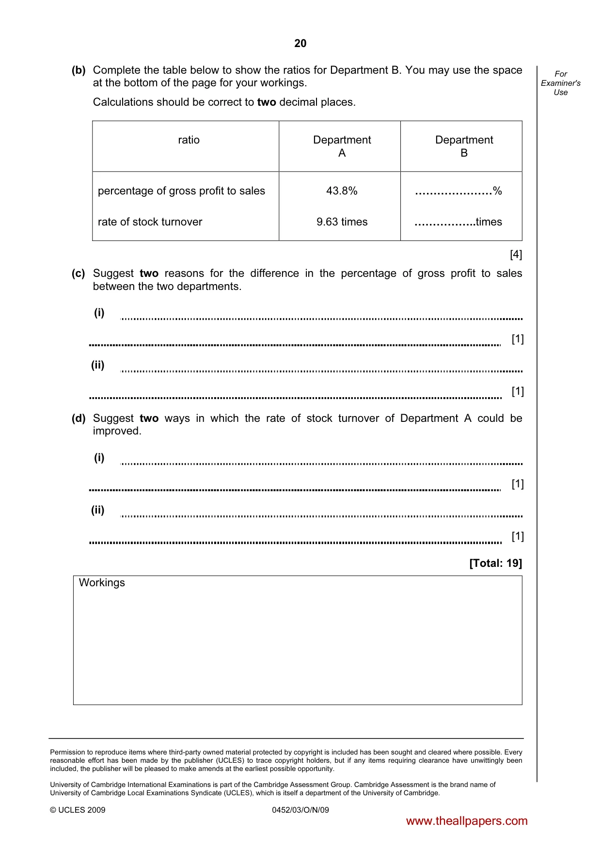 Cambridge IGCSE Accounting 0452 2009 Oct/Nov Paper 3 · Variant 1 question paper, page 20 of 20