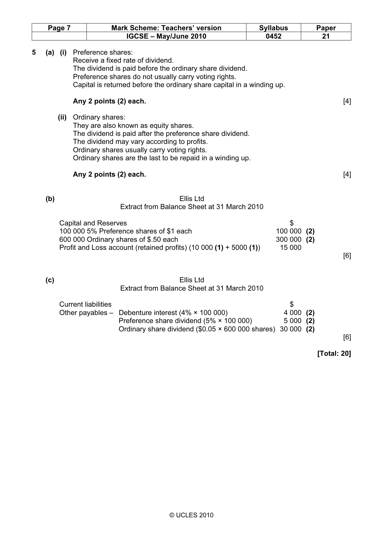 Mark scheme, page 7 of 8