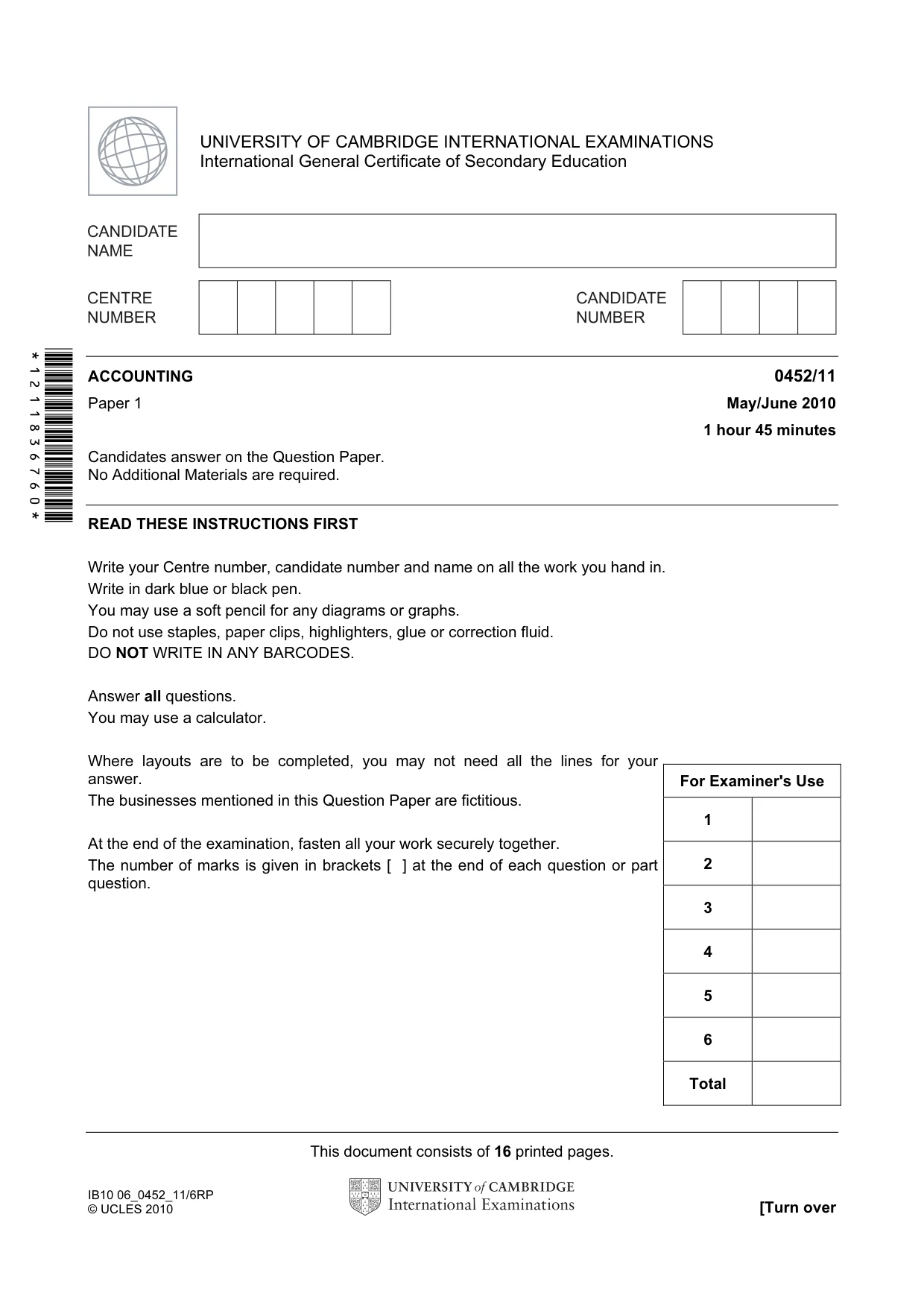 Cambridge IGCSE Accounting 0452 2010 May/June Paper 1 · Variant 1 question paper, page 1 of 16