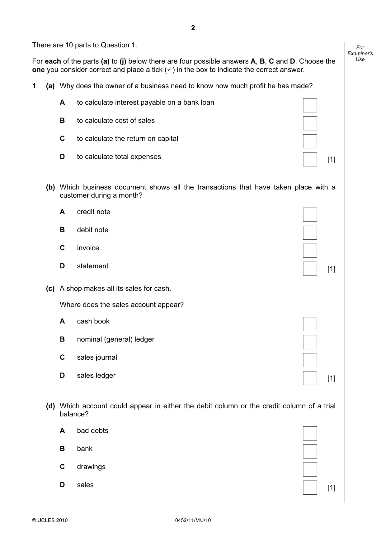 Cambridge IGCSE Accounting 0452 2010 May/June Paper 1 · Variant 1 question paper, page 2 of 16