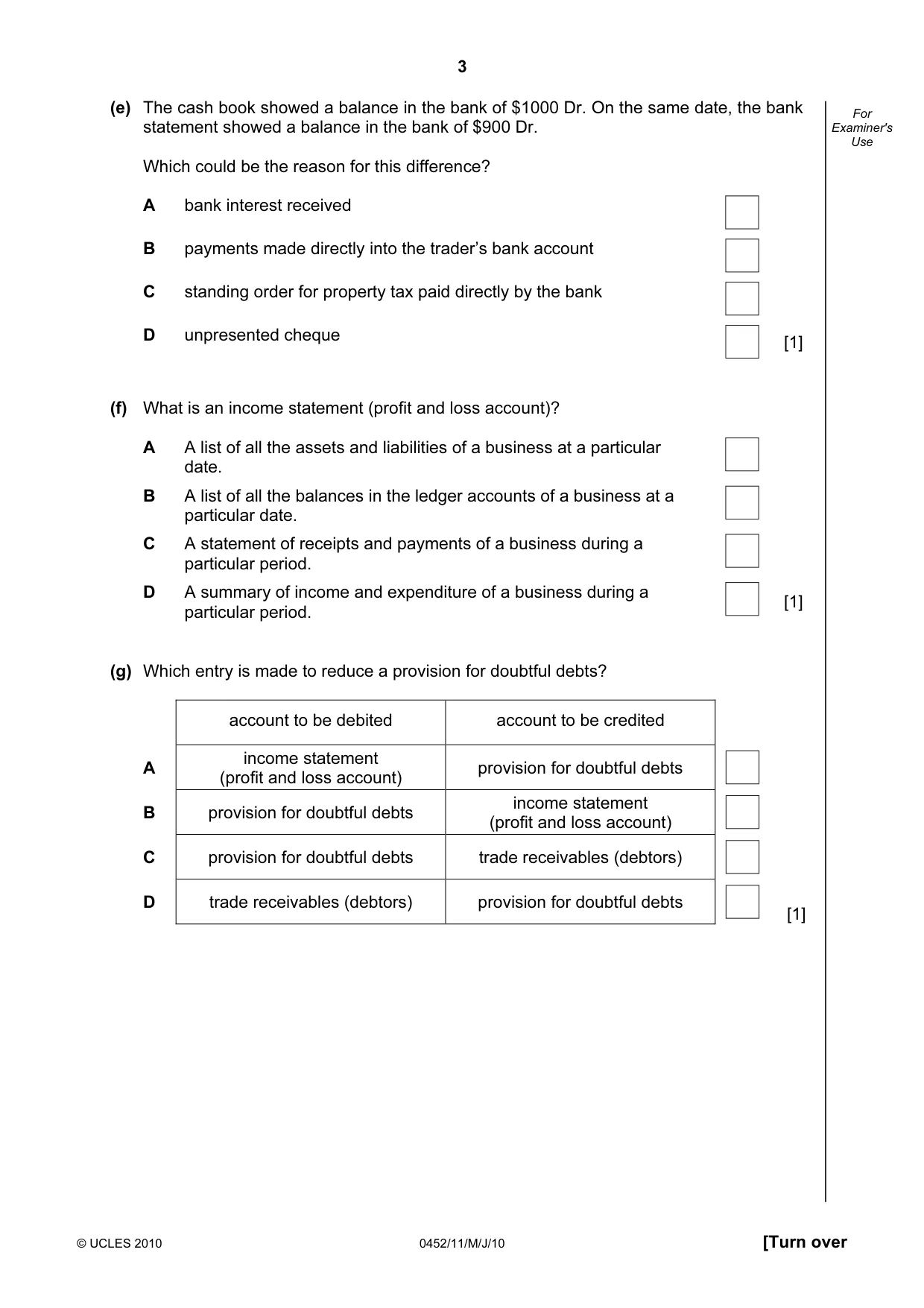 Cambridge IGCSE Accounting 0452 2010 May/June Paper 1 · Variant 1 question paper, page 3 of 16