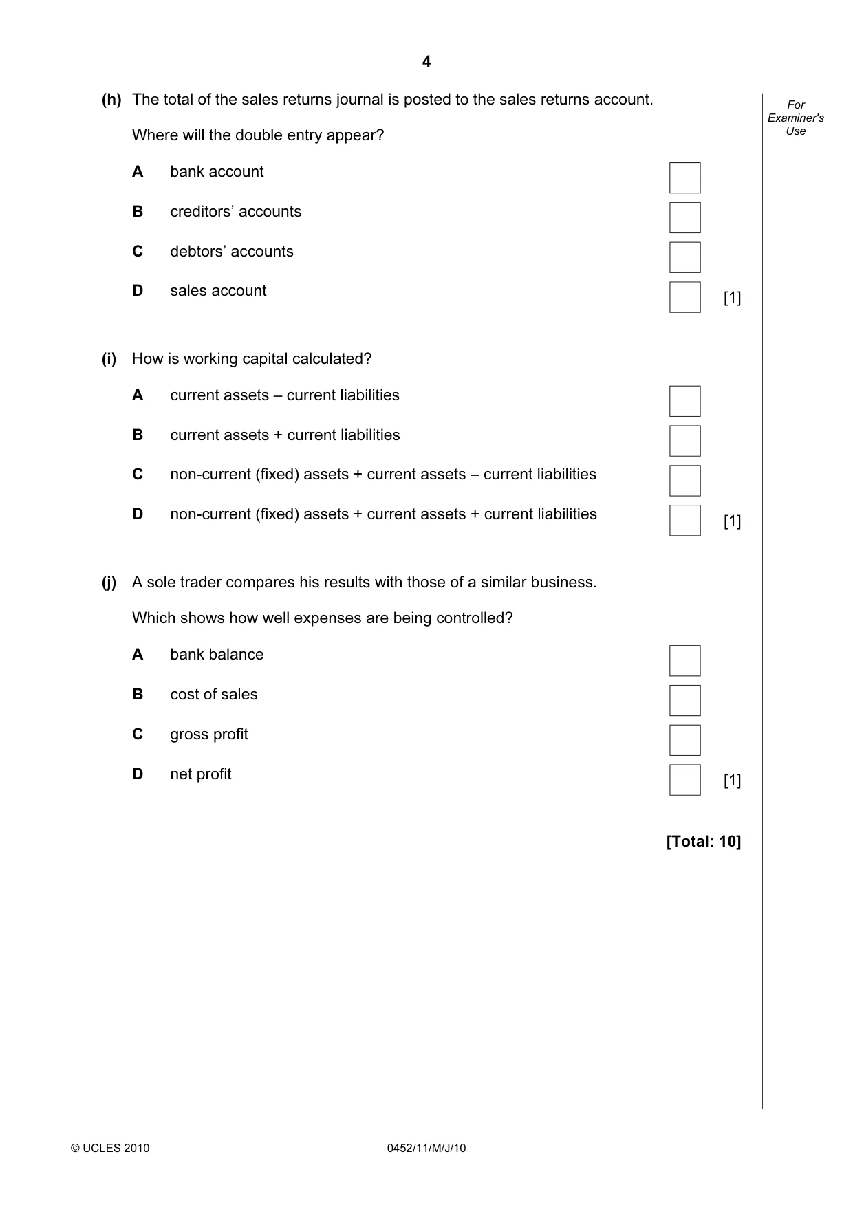 Cambridge IGCSE Accounting 0452 2010 May/June Paper 1 · Variant 1 question paper, page 4 of 16