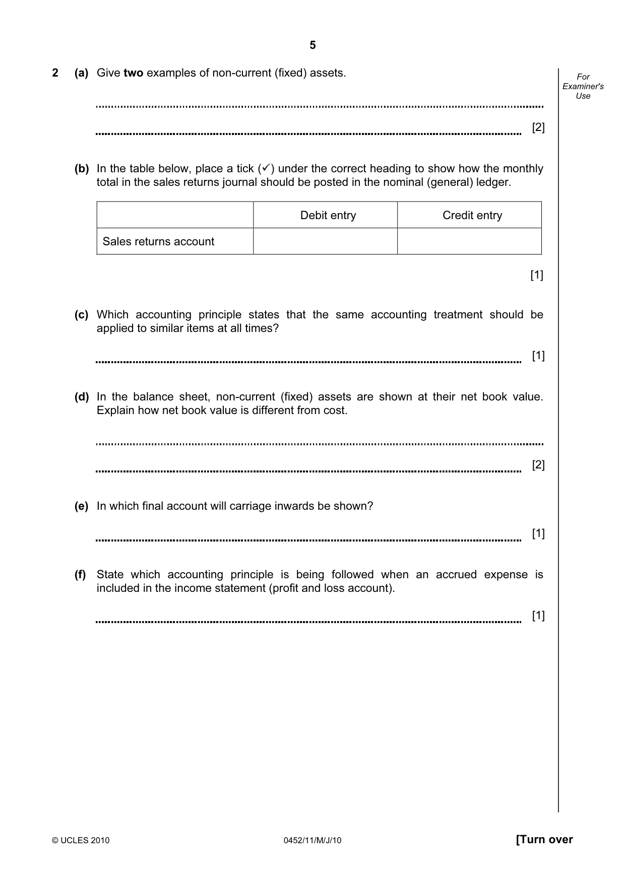 Cambridge IGCSE Accounting 0452 2010 May/June Paper 1 · Variant 1 question paper, page 5 of 16