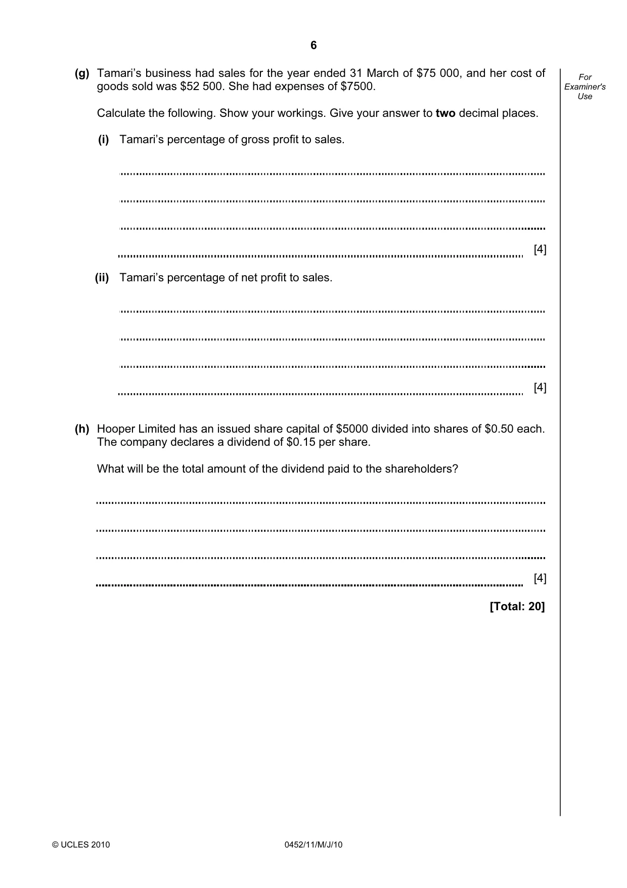 Cambridge IGCSE Accounting 0452 2010 May/June Paper 1 · Variant 1 question paper, page 6 of 16
