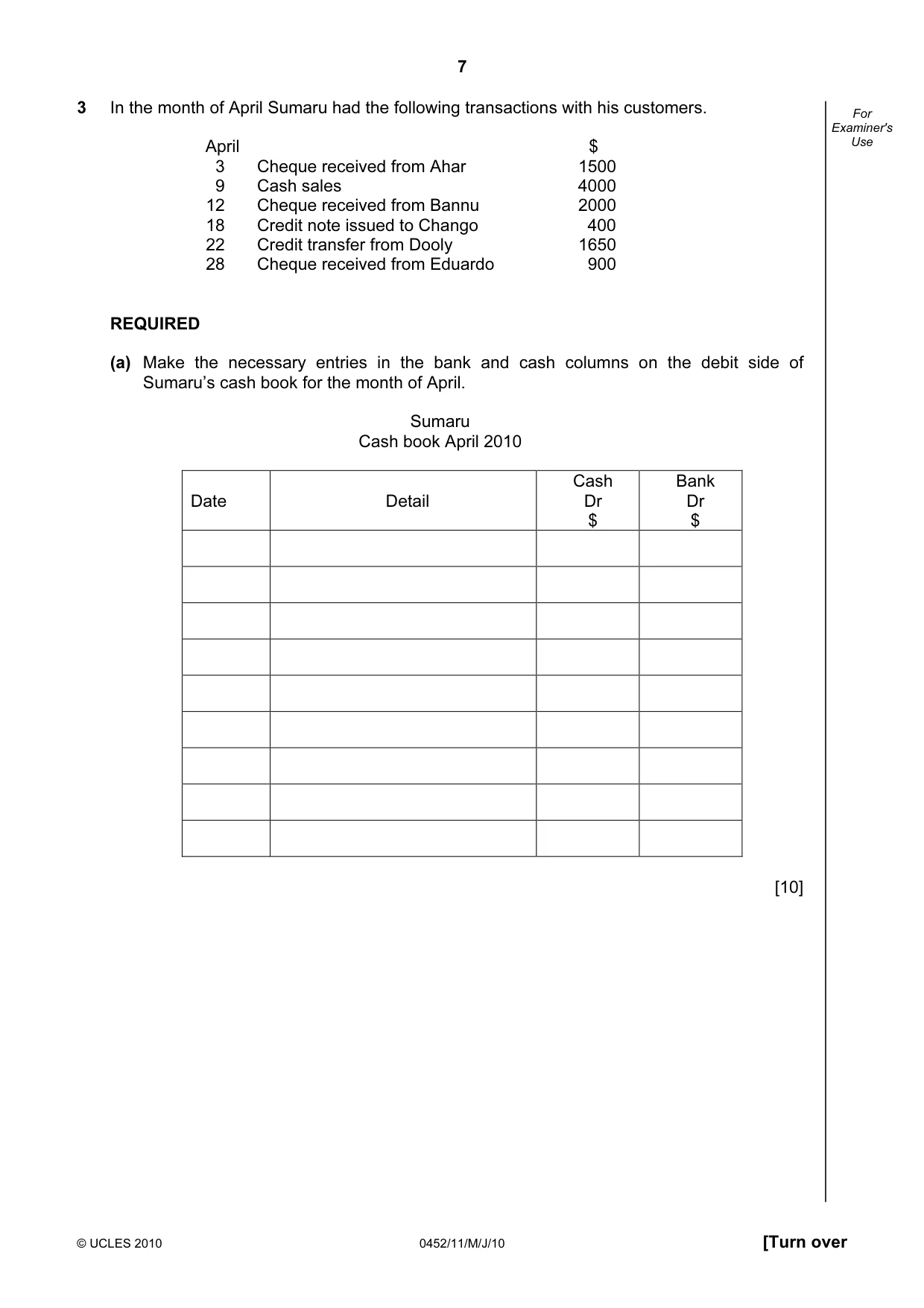 Cambridge IGCSE Accounting 0452 2010 May/June Paper 1 · Variant 1 question paper, page 7 of 16