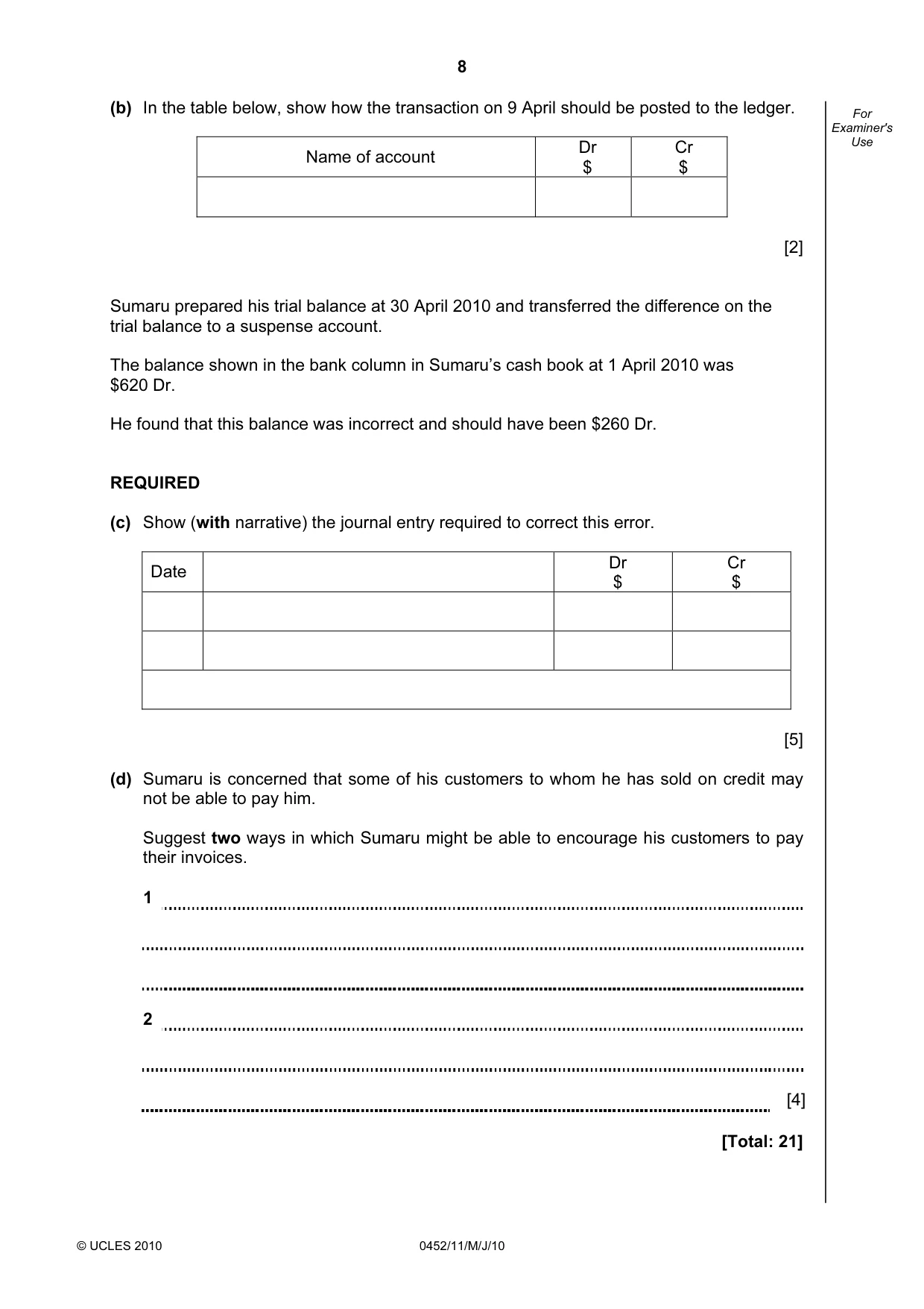 Cambridge IGCSE Accounting 0452 2010 May/June Paper 1 · Variant 1 question paper, page 8 of 16