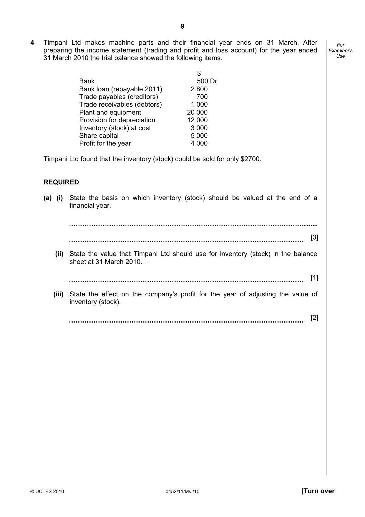 Cambridge IGCSE Accounting 0452 2010 May/June Paper 1 · Variant 1 question paper, page 9 of 16