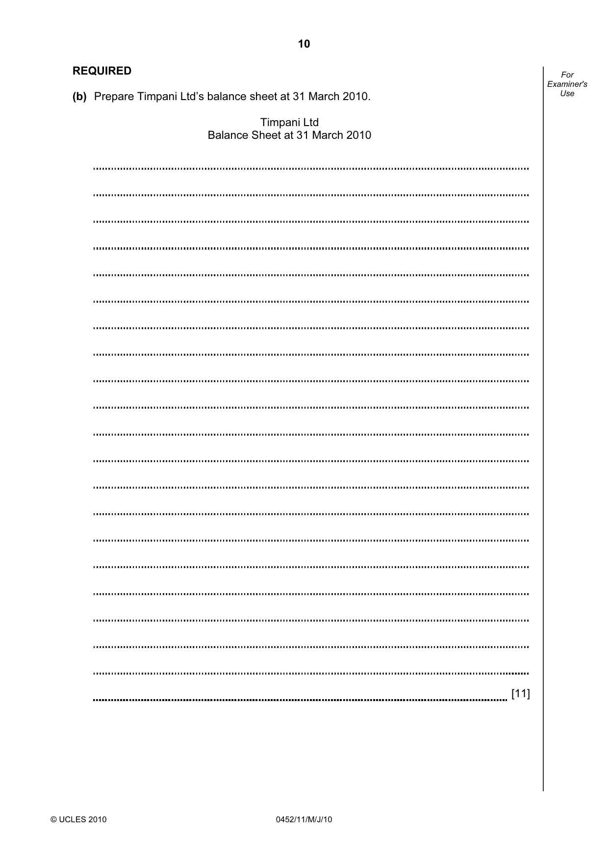 Cambridge IGCSE Accounting 0452 2010 May/June Paper 1 · Variant 1 question paper, page 10 of 16