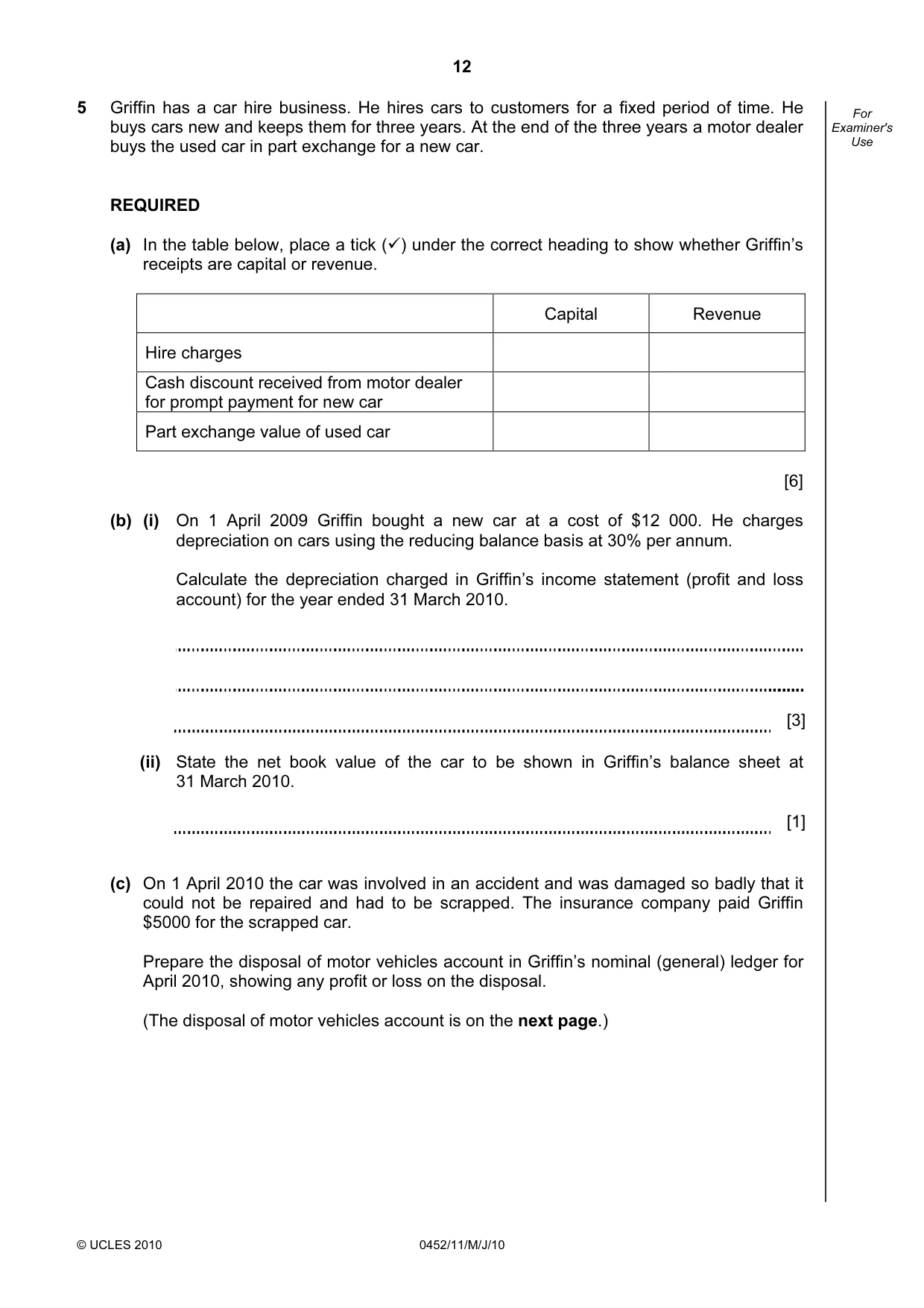 Cambridge IGCSE Accounting 0452 2010 May/June Paper 1 · Variant 1 question paper, page 12 of 16