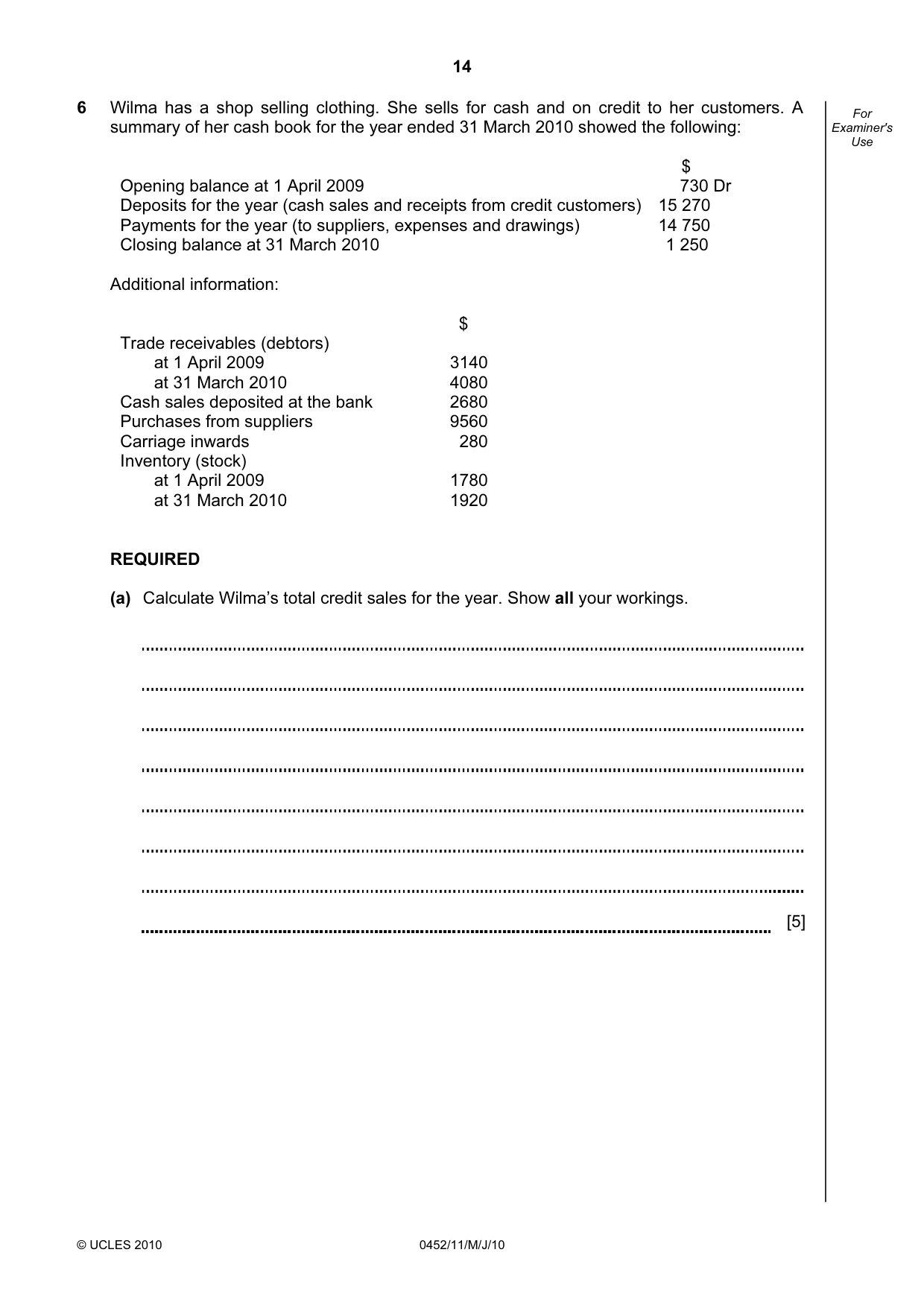 Cambridge IGCSE Accounting 0452 2010 May/June Paper 1 · Variant 1 question paper, page 14 of 16