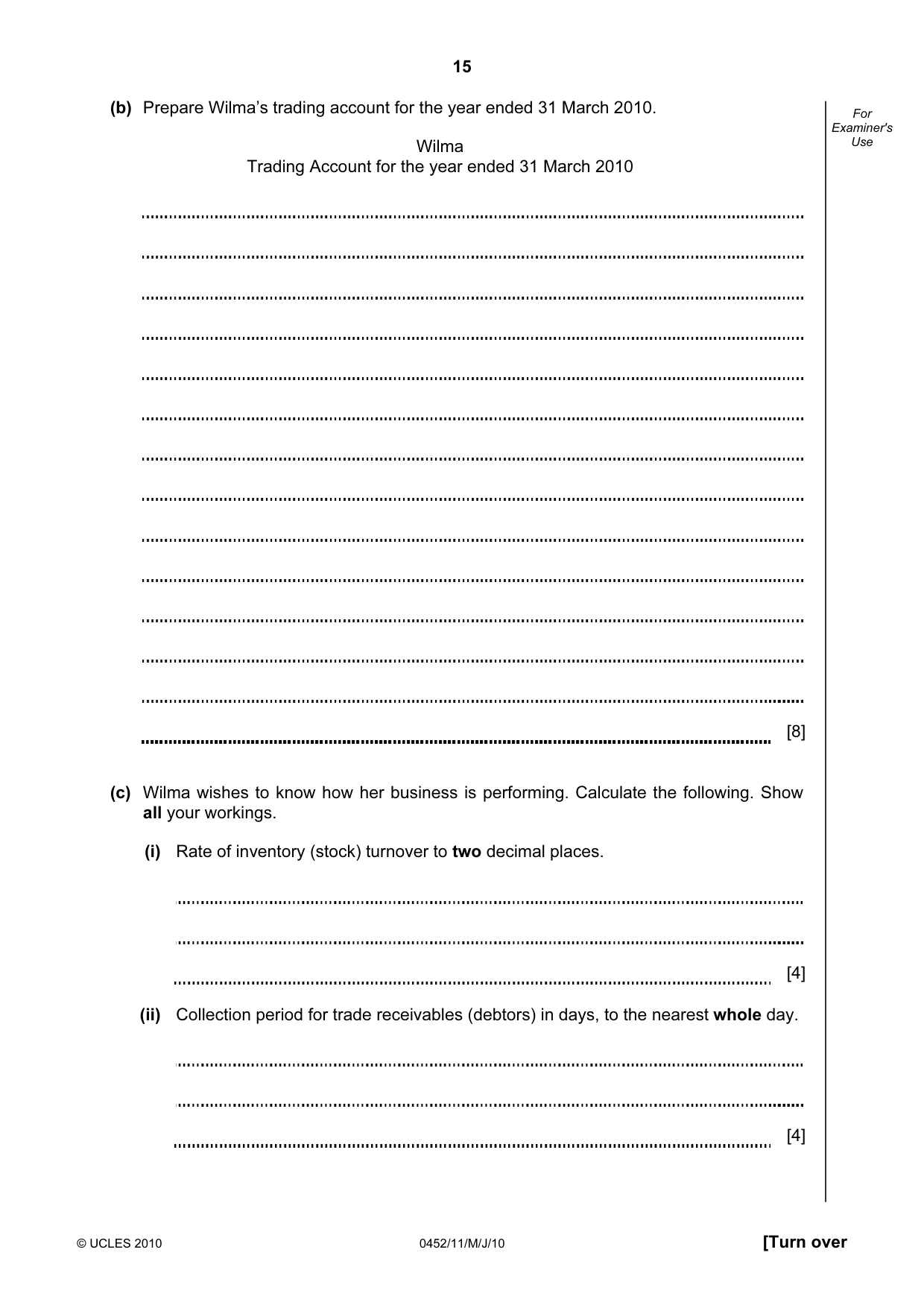 Cambridge IGCSE Accounting 0452 2010 May/June Paper 1 · Variant 1 question paper, page 15 of 16
