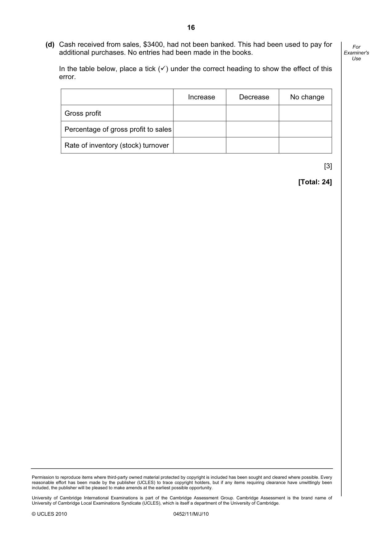 Cambridge IGCSE Accounting 0452 2010 May/June Paper 1 · Variant 1 question paper, page 16 of 16