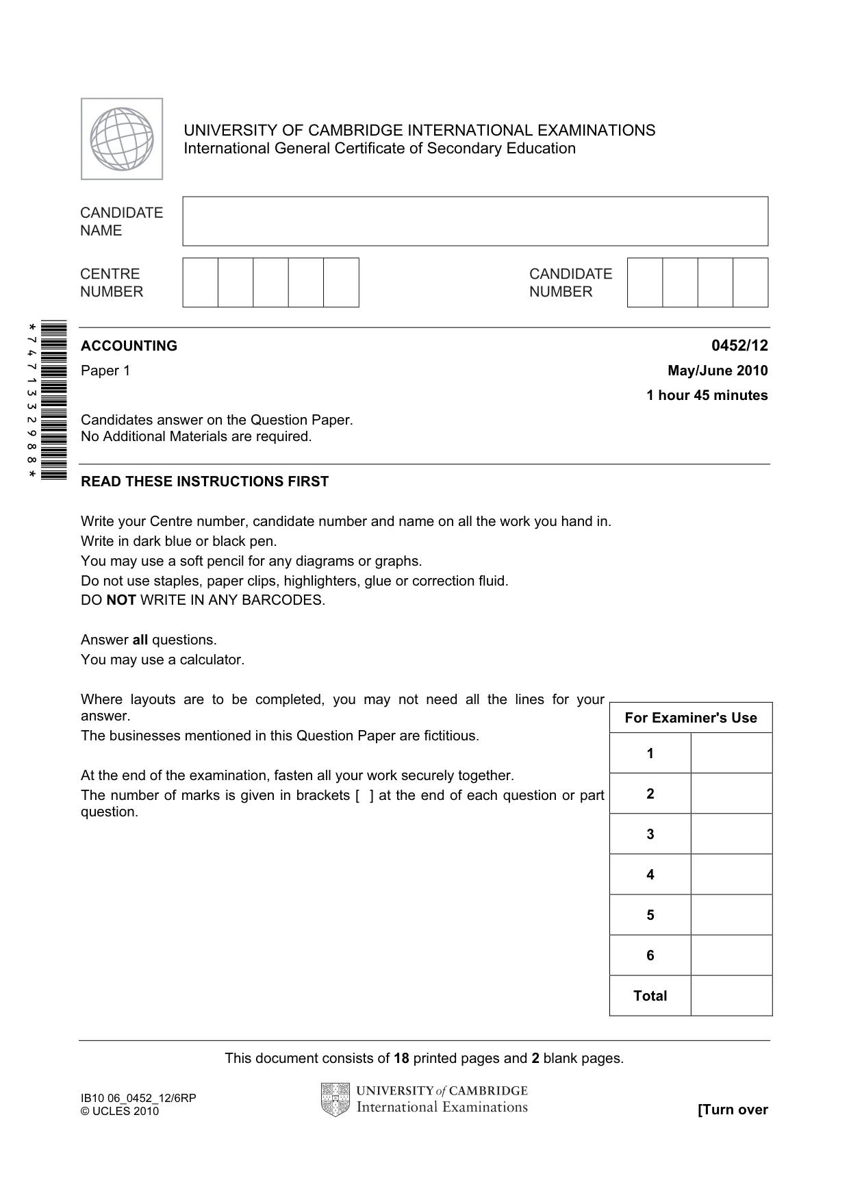 Cambridge IGCSE Accounting 0452 2010 May/June Paper 1 · Variant 2 question paper, page 1 of 20