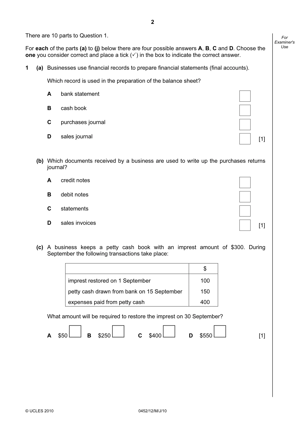 Cambridge IGCSE Accounting 0452 2010 May/June Paper 1 · Variant 2 question paper, page 2 of 20