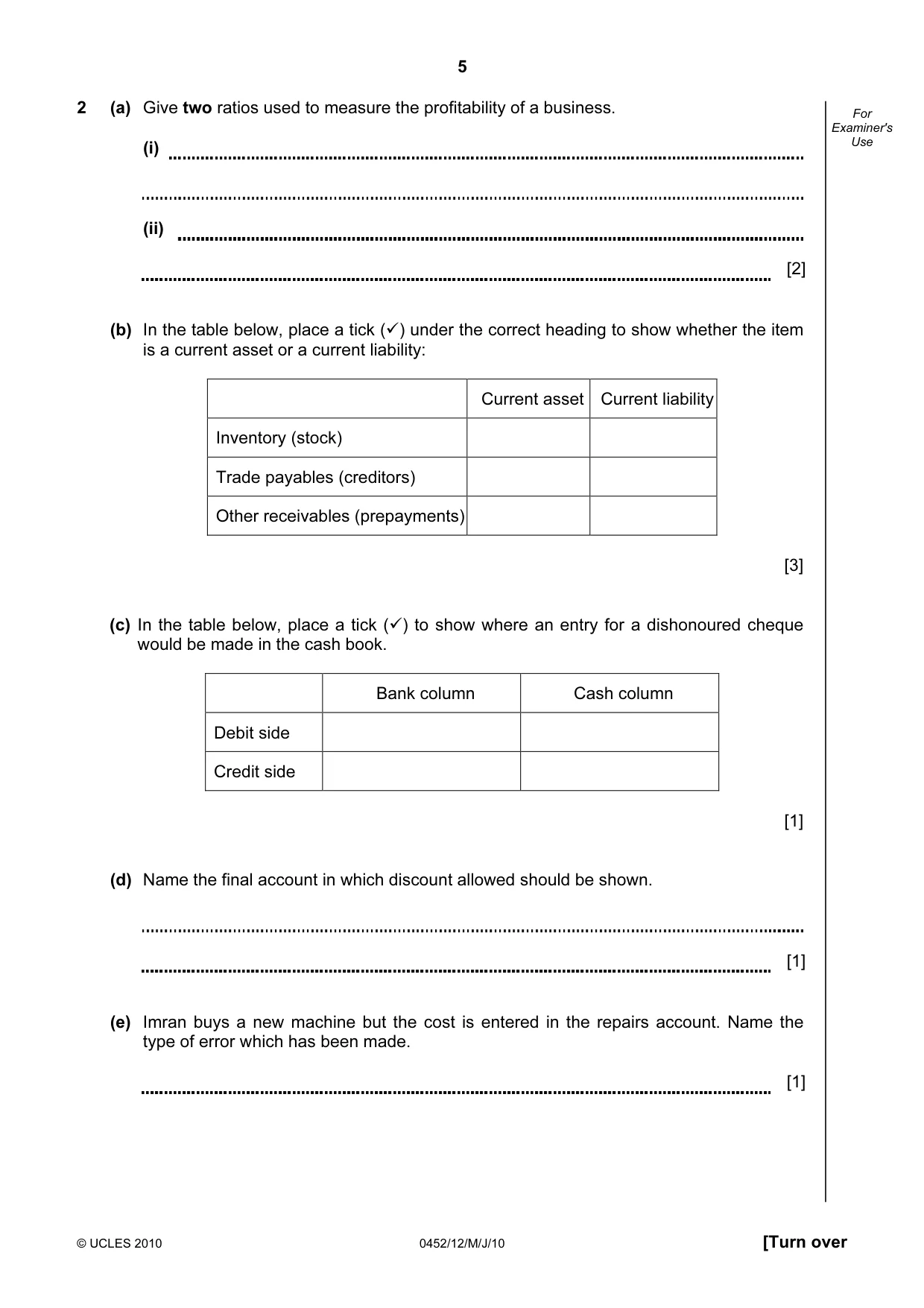 Cambridge IGCSE Accounting 0452 2010 May/June Paper 1 · Variant 2 question paper, page 5 of 20