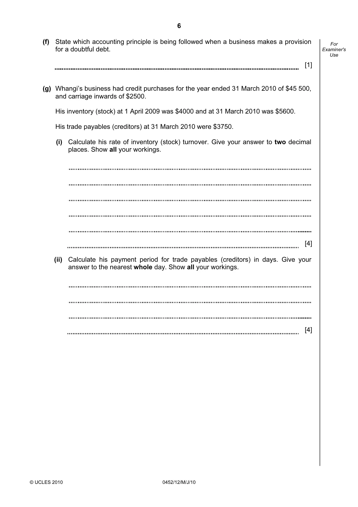 Cambridge IGCSE Accounting 0452 2010 May/June Paper 1 · Variant 2 question paper, page 6 of 20