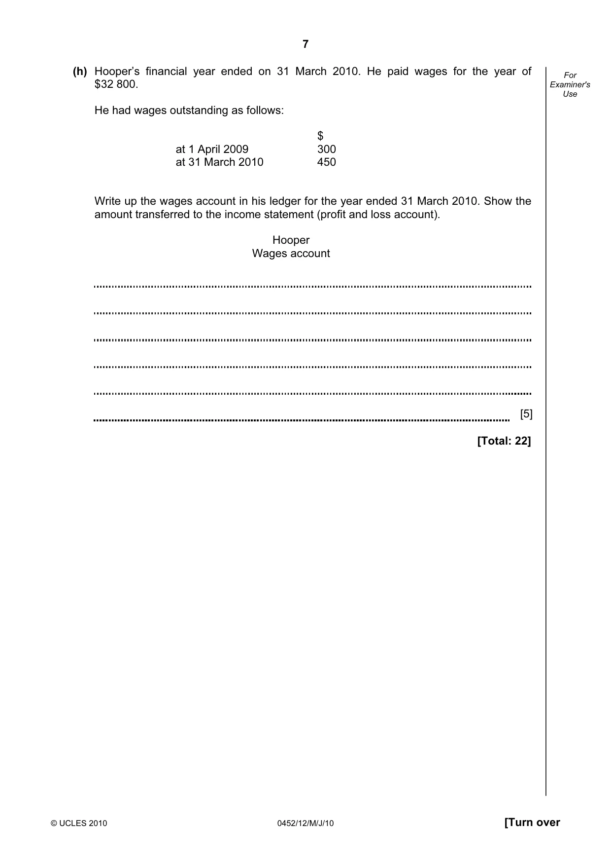 Cambridge IGCSE Accounting 0452 2010 May/June Paper 1 · Variant 2 question paper, page 7 of 20