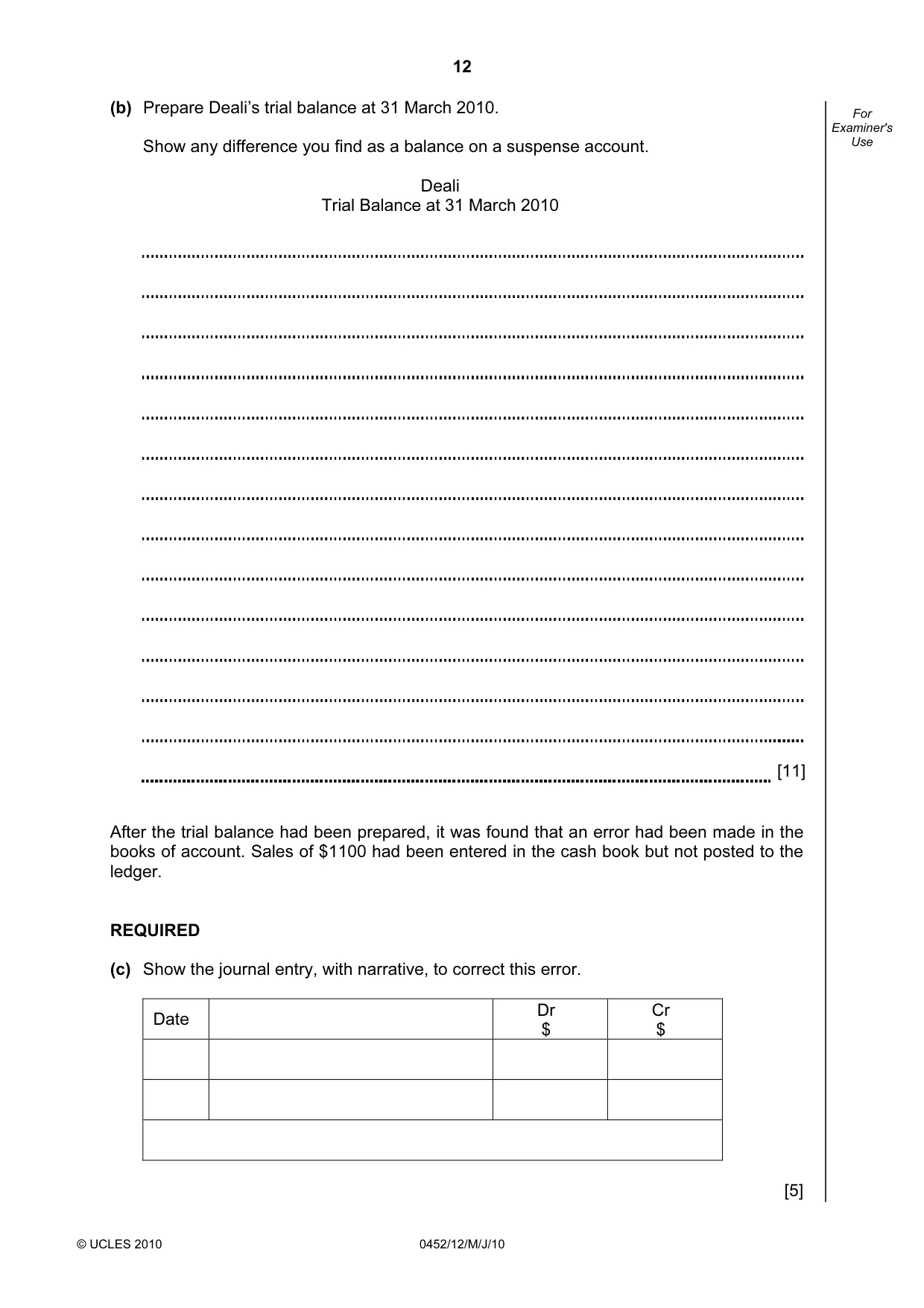 Cambridge IGCSE Accounting 0452 2010 May/June Paper 1 · Variant 2 question paper, page 12 of 20