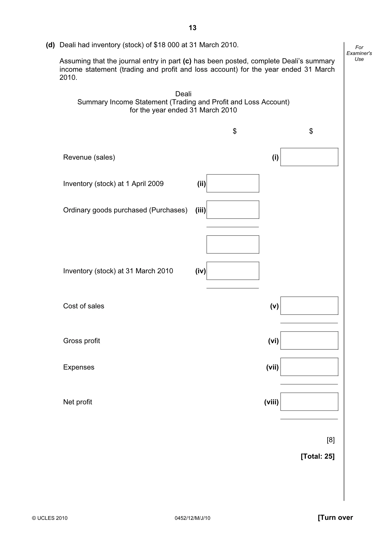 Cambridge IGCSE Accounting 0452 2010 May/June Paper 1 · Variant 2 question paper, page 13 of 20