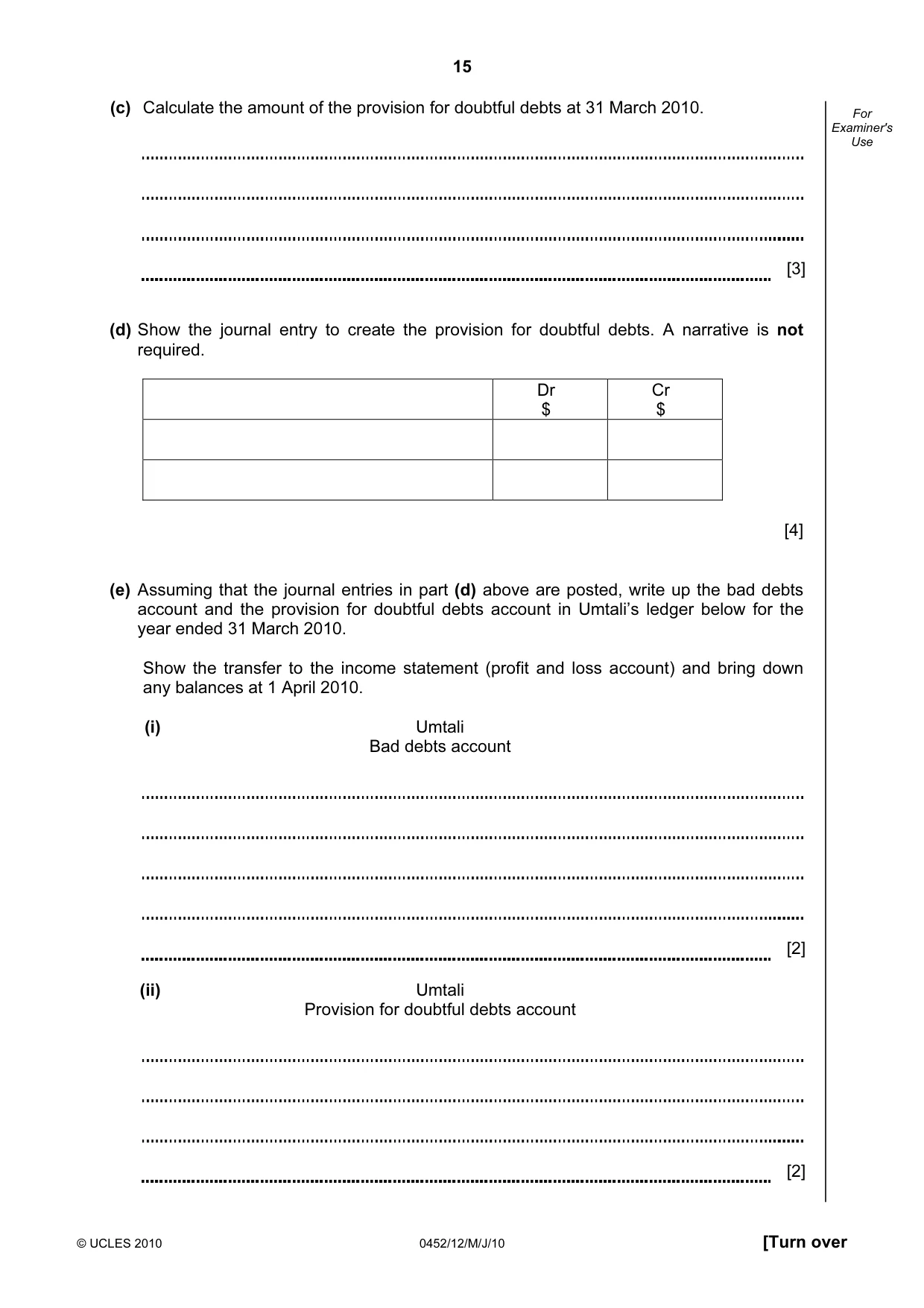 Cambridge IGCSE Accounting 0452 2010 May/June Paper 1 · Variant 2 question paper, page 15 of 20