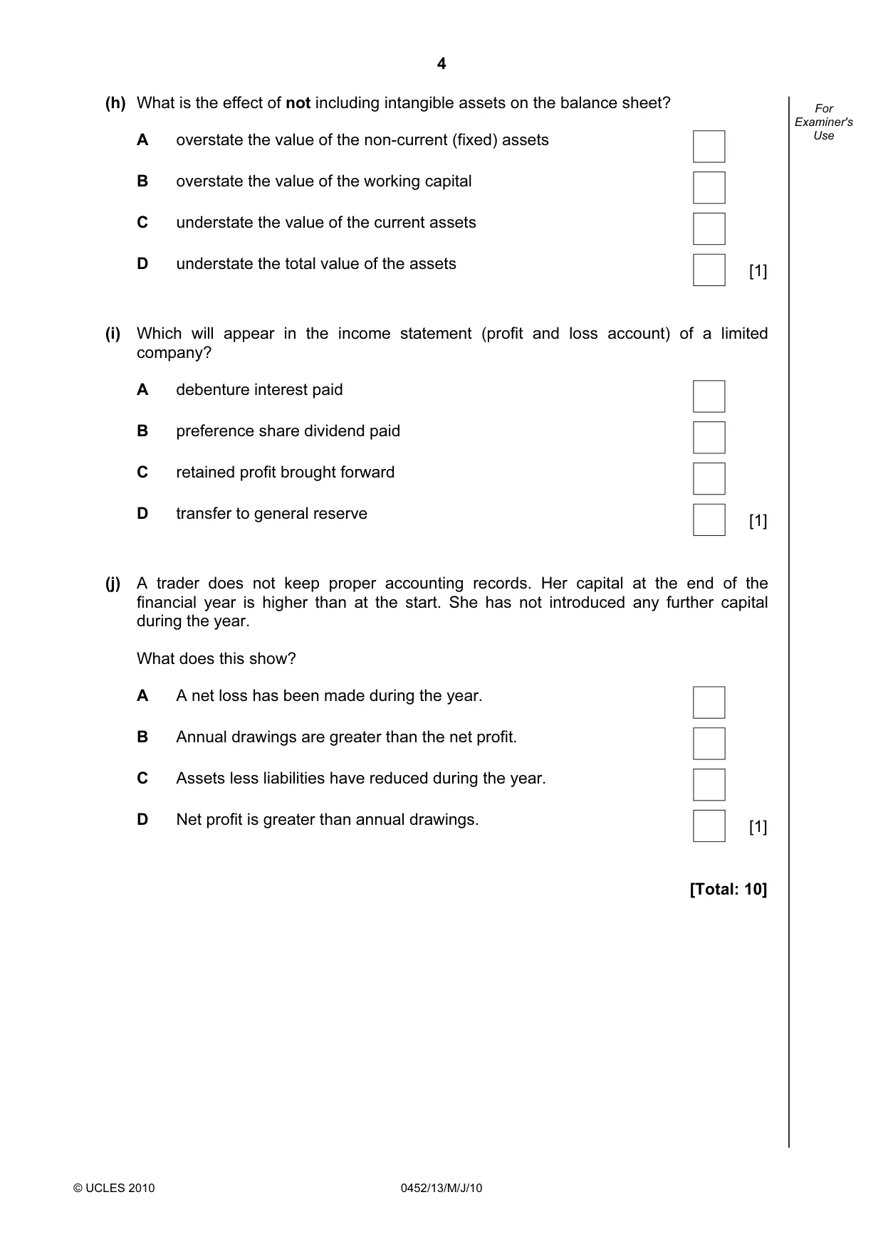 Cambridge IGCSE Accounting 0452 2010 May/June Paper 1 · Variant 3 question paper, page 4 of 20