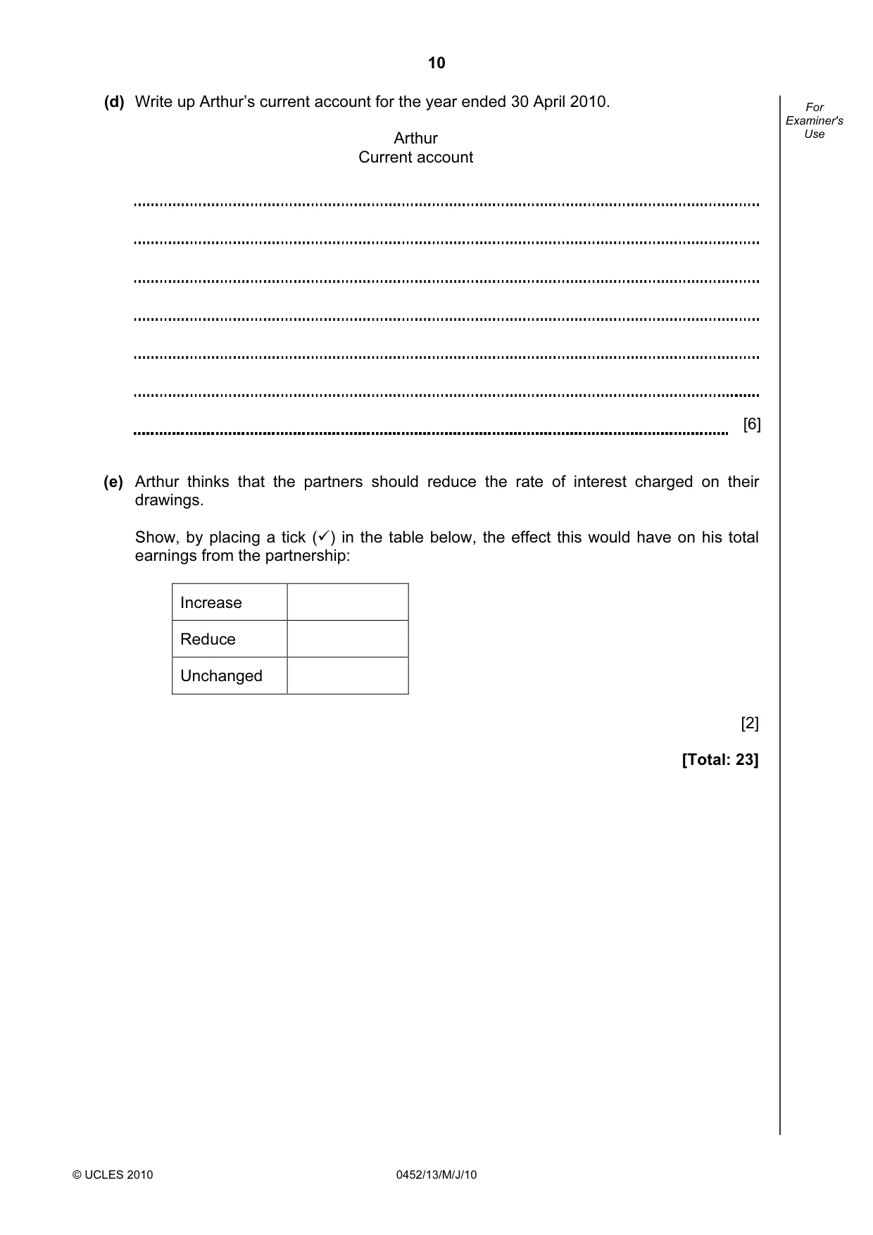 Cambridge IGCSE Accounting 0452 2010 May/June Paper 1 · Variant 3 question paper, page 10 of 20
