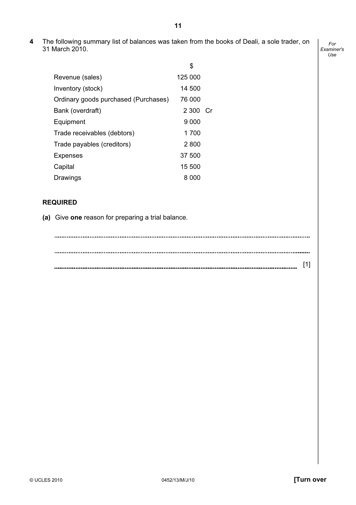 Cambridge IGCSE Accounting 0452 2010 May/June Paper 1 · Variant 3 question paper, page 11 of 20