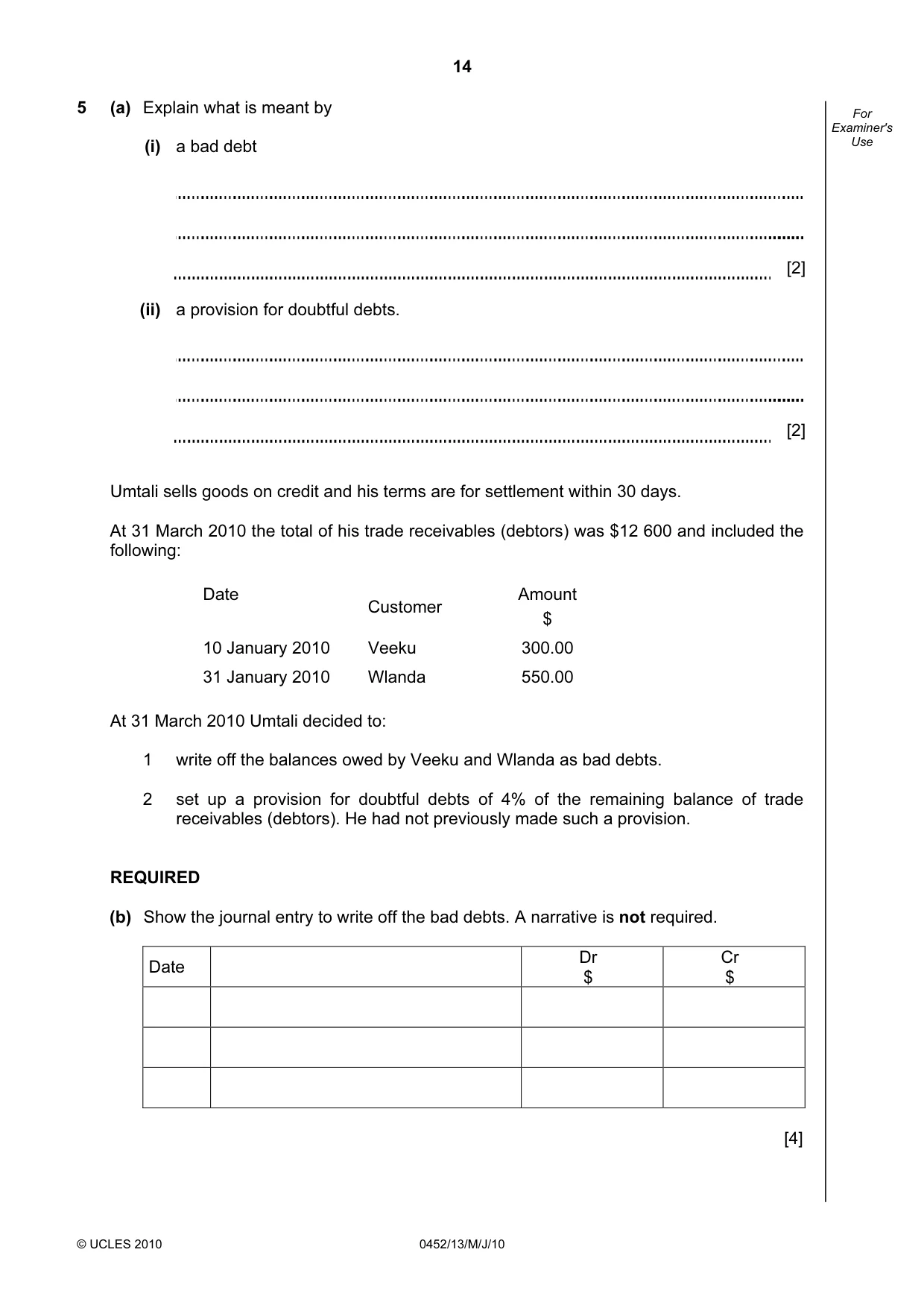 Cambridge IGCSE Accounting 0452 2010 May/June Paper 1 · Variant 3 question paper, page 14 of 20