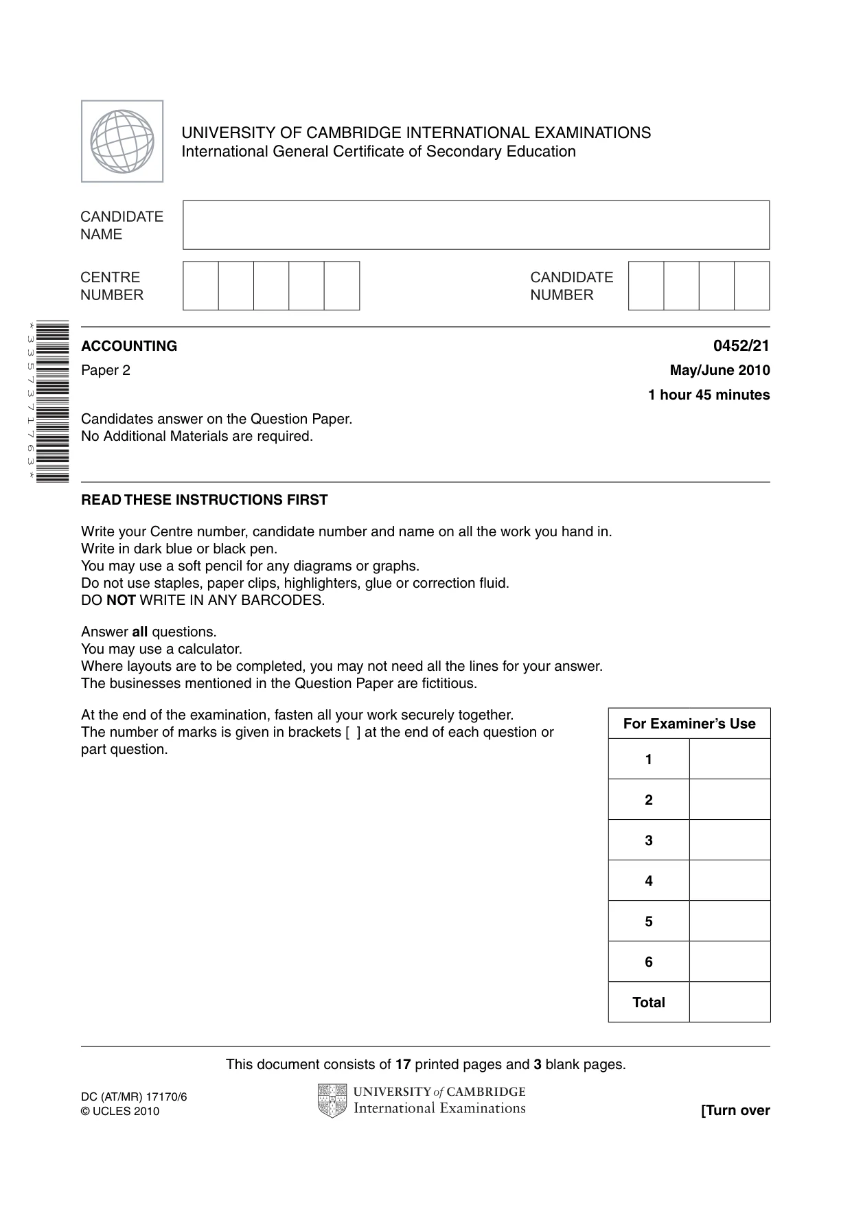 Cambridge IGCSE Accounting 0452 2010 May/June Paper 2 · Variant 1 question paper, page 1 of 20