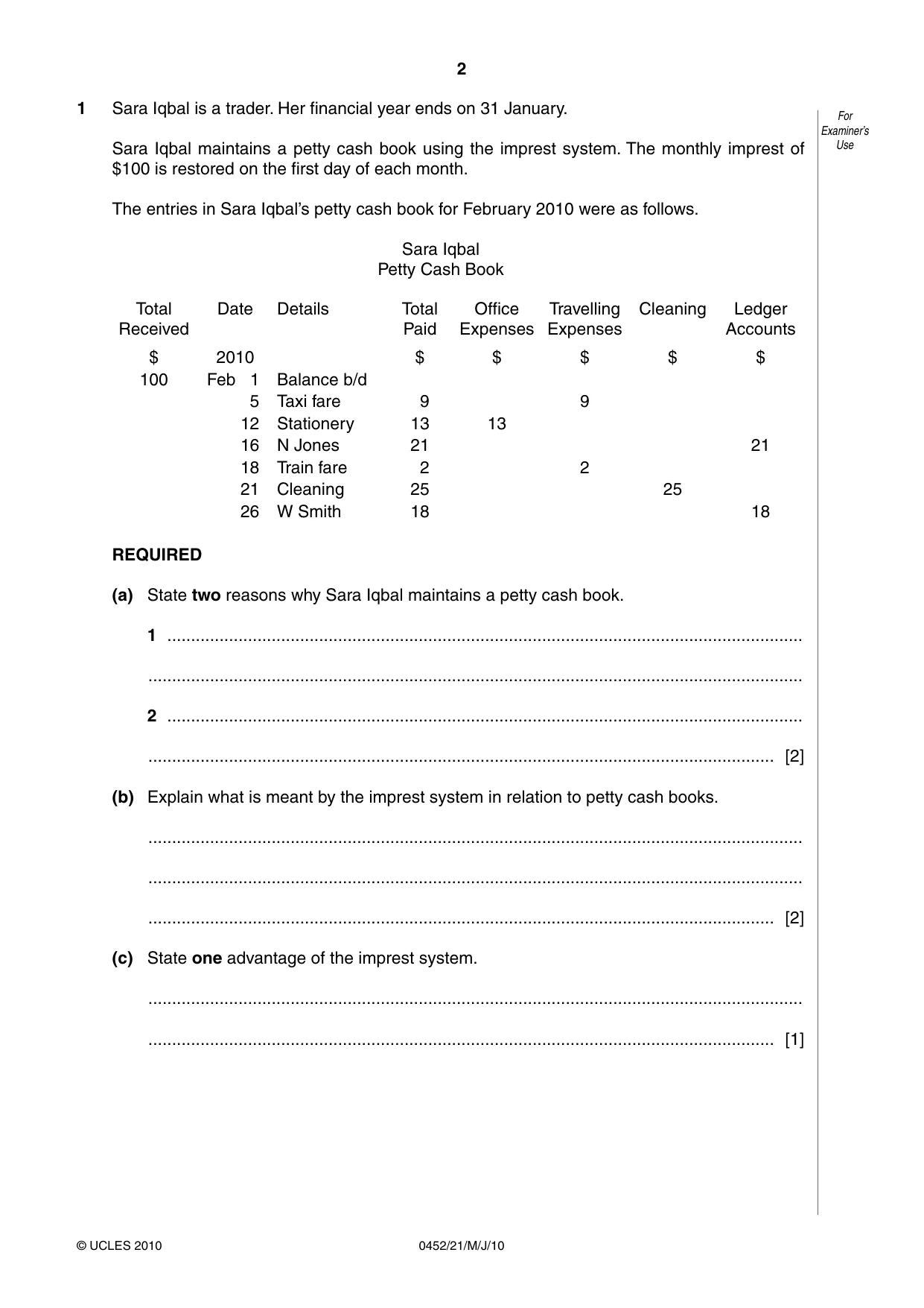 Cambridge IGCSE Accounting 0452 2010 May/June Paper 2 · Variant 1 question paper, page 2 of 20